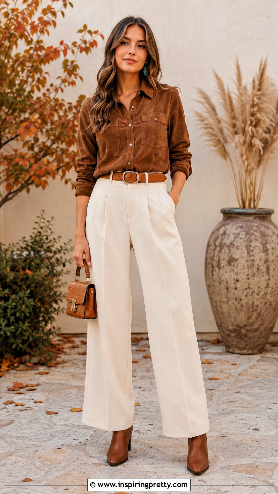 Brown Suede Country Western Top With Cream Pants - 25 country western tops outfit ideas