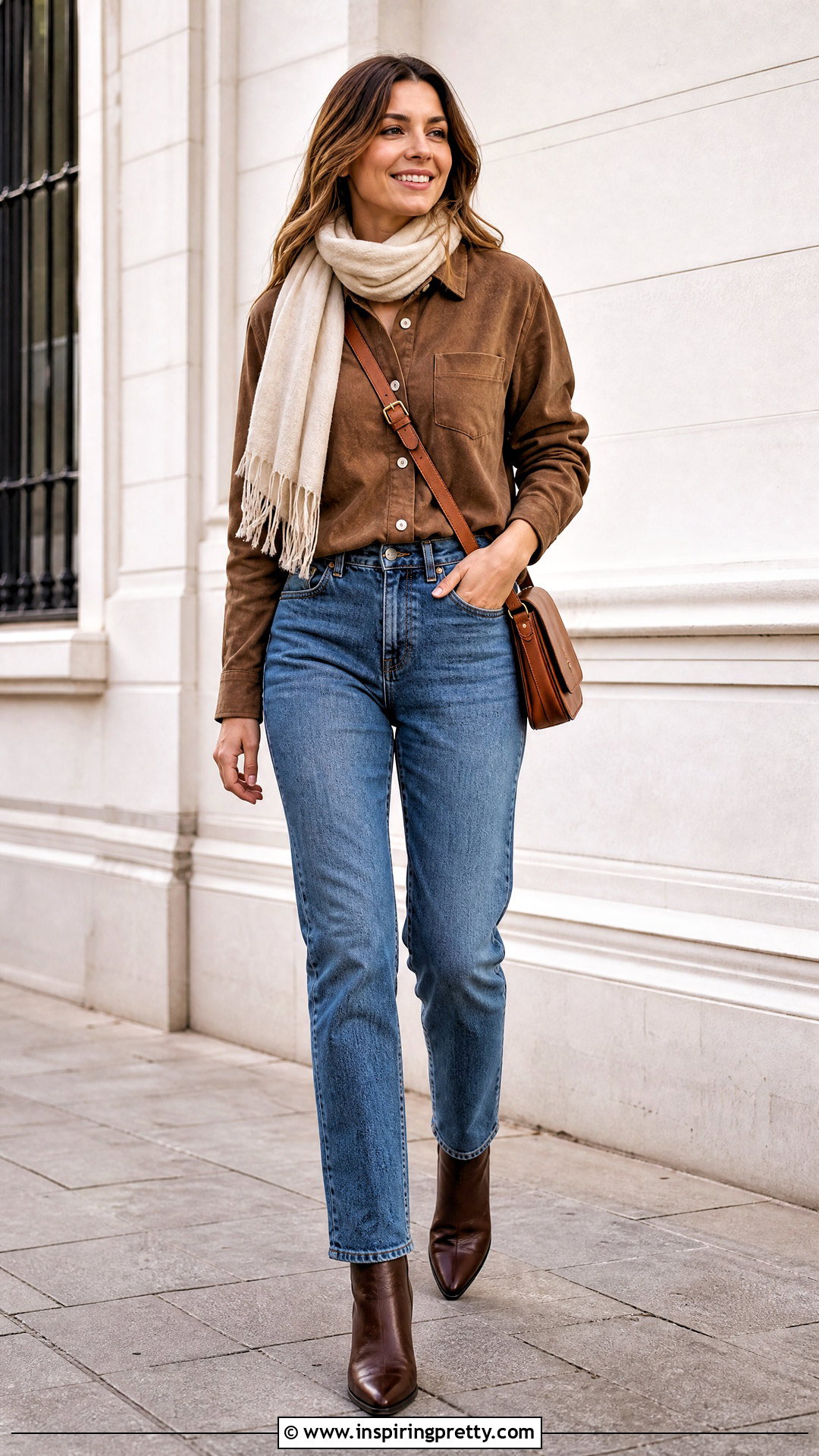 Brown Suede Shirt And Straight Jeans - 50 brown top and blue jeans outfit ideas