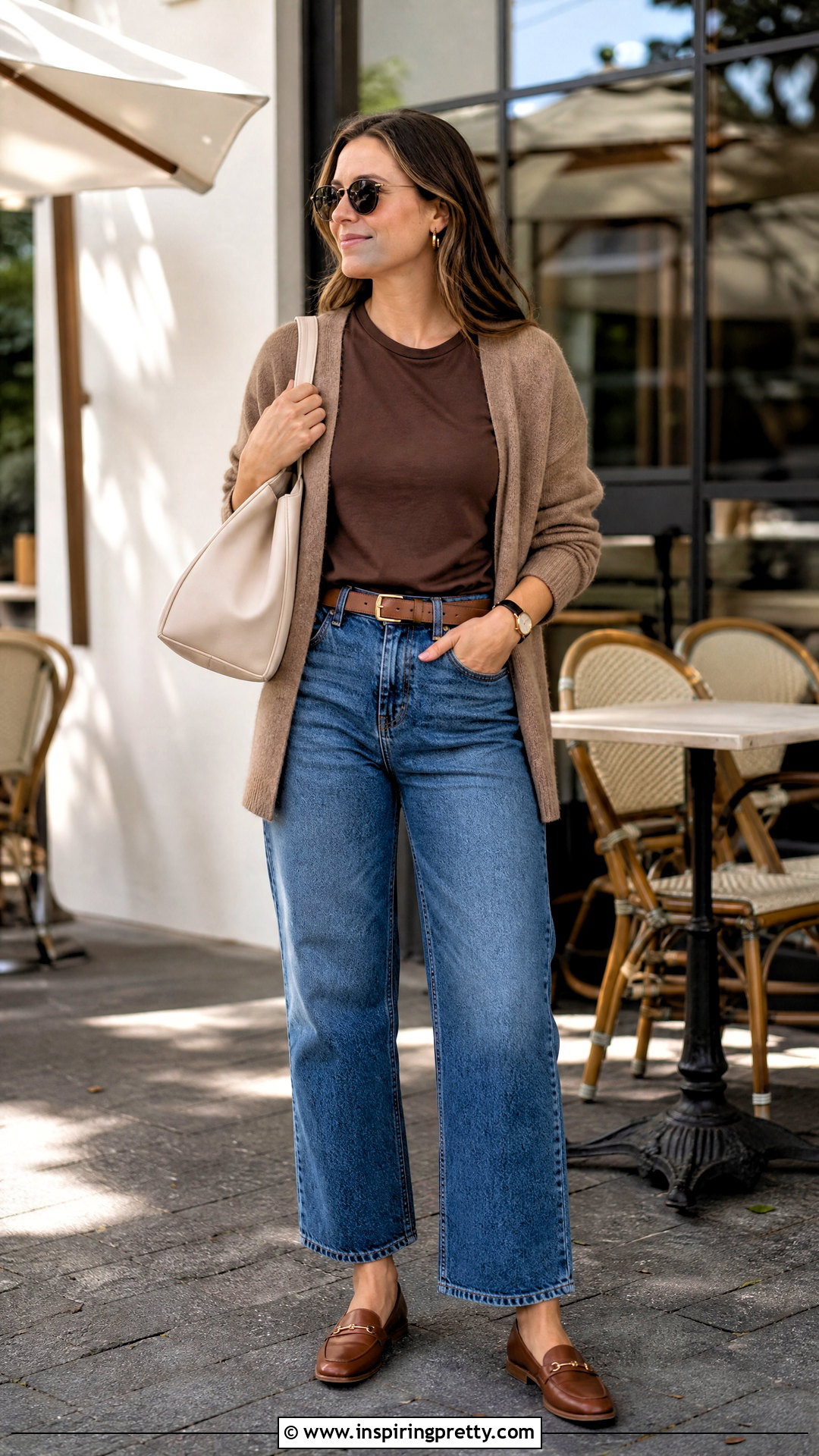 Brown T Shirt And Cardigan With Blue Jeans - 50 brown top and blue jeans outfit ideas