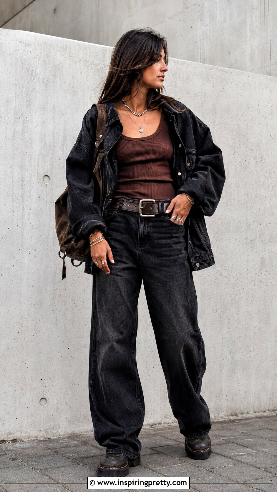 Brown Tank Top With Black Denim - 25 Edgy Tank Top Outfit ideas
