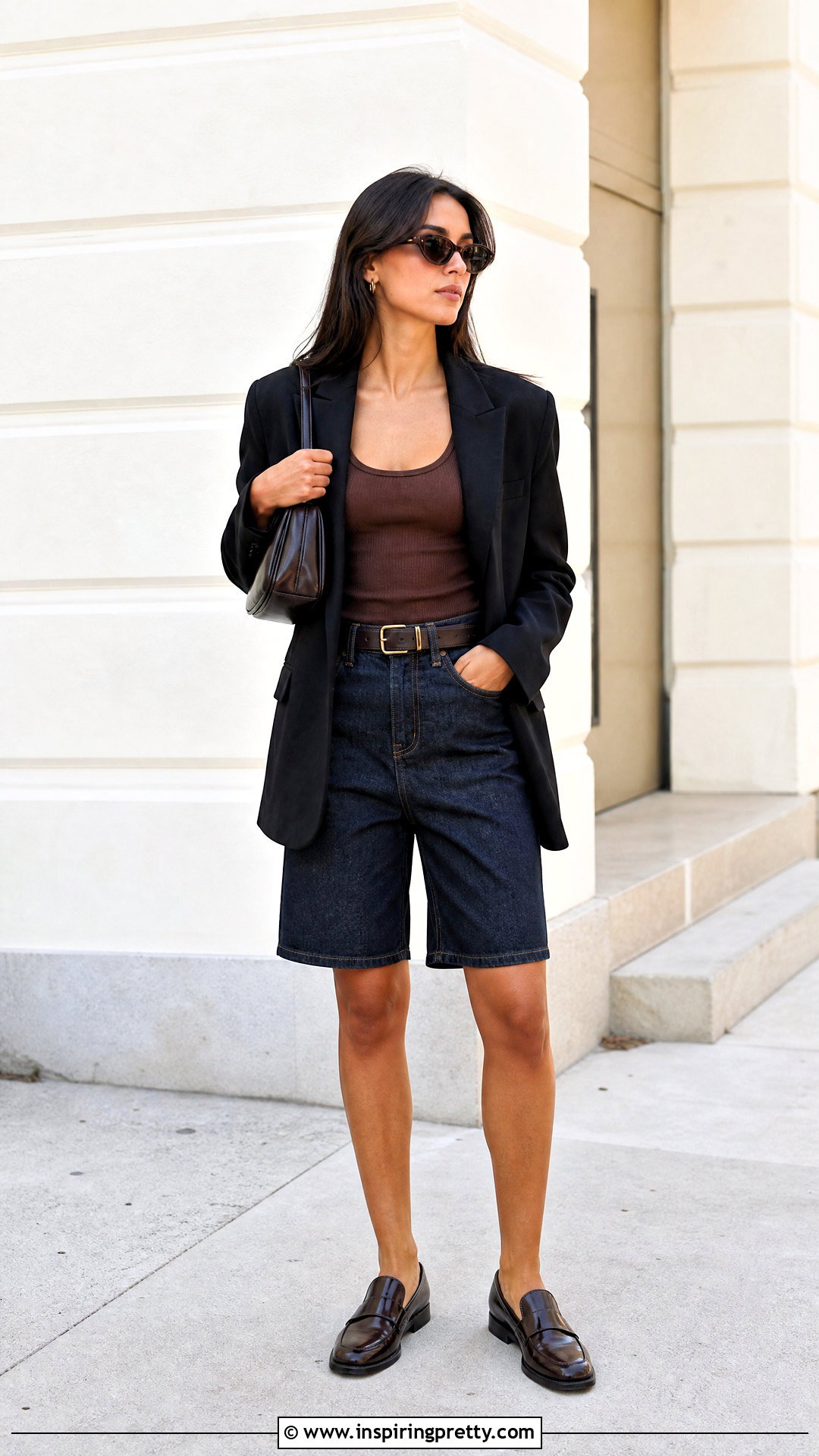 Brown Tank Top With Denim Bermuda Shorts - 50 brown tank top outfit ideas