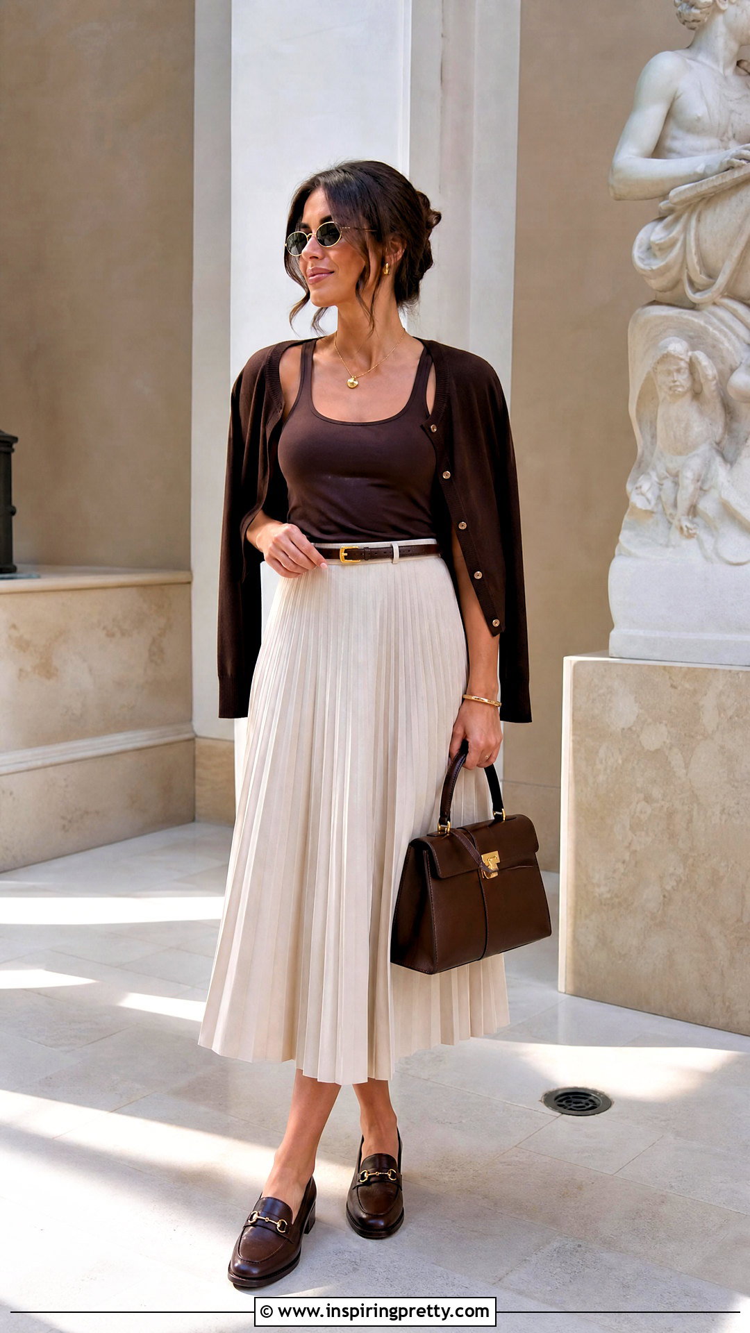 Brown Tank Top With Pleated Midi Skirt - 50 brown tank top outfit ideas