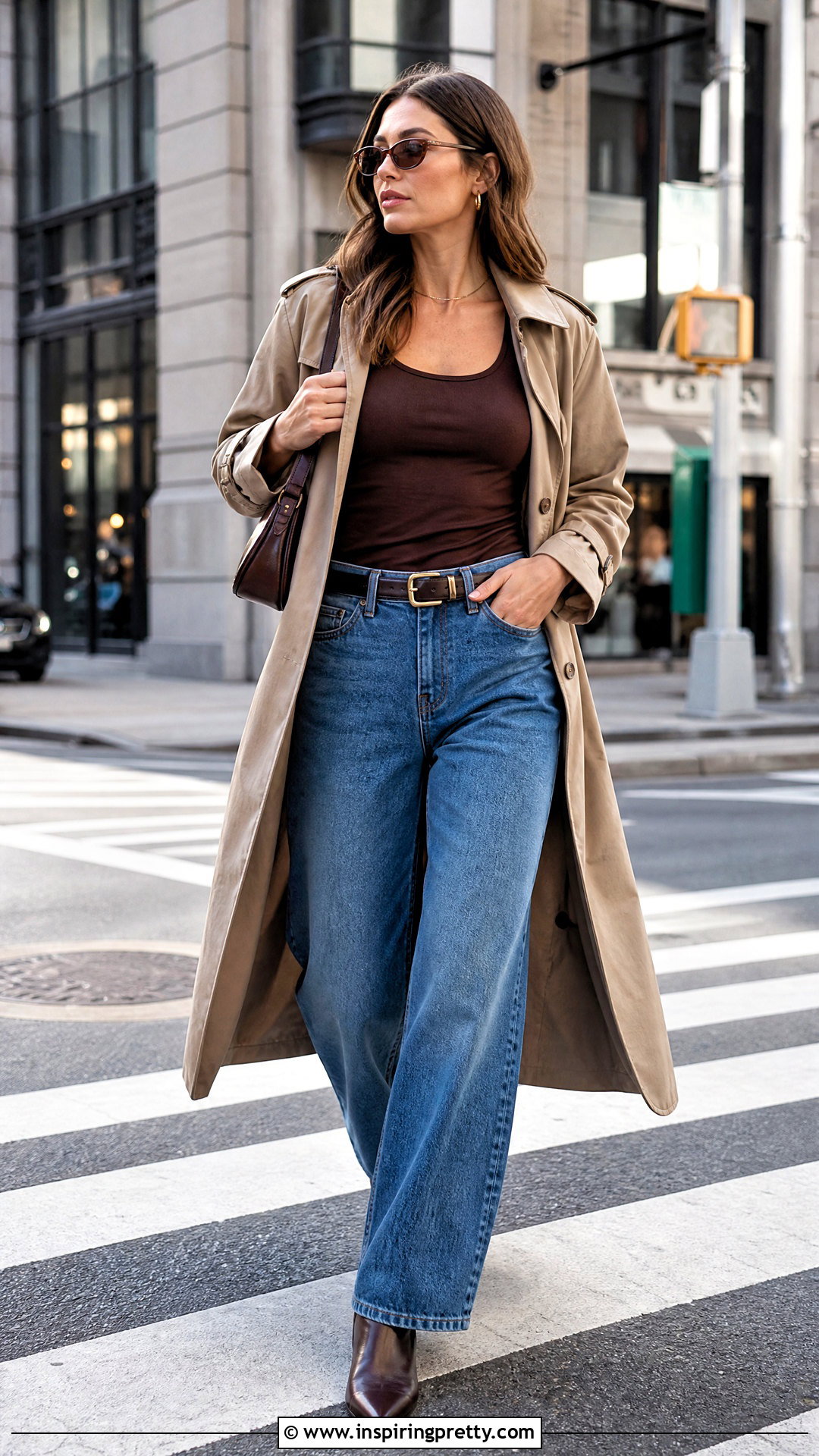 Brown Tank Top With Trench Coat And Wide Leg Jeans - 50 brown tank top outfit ideas