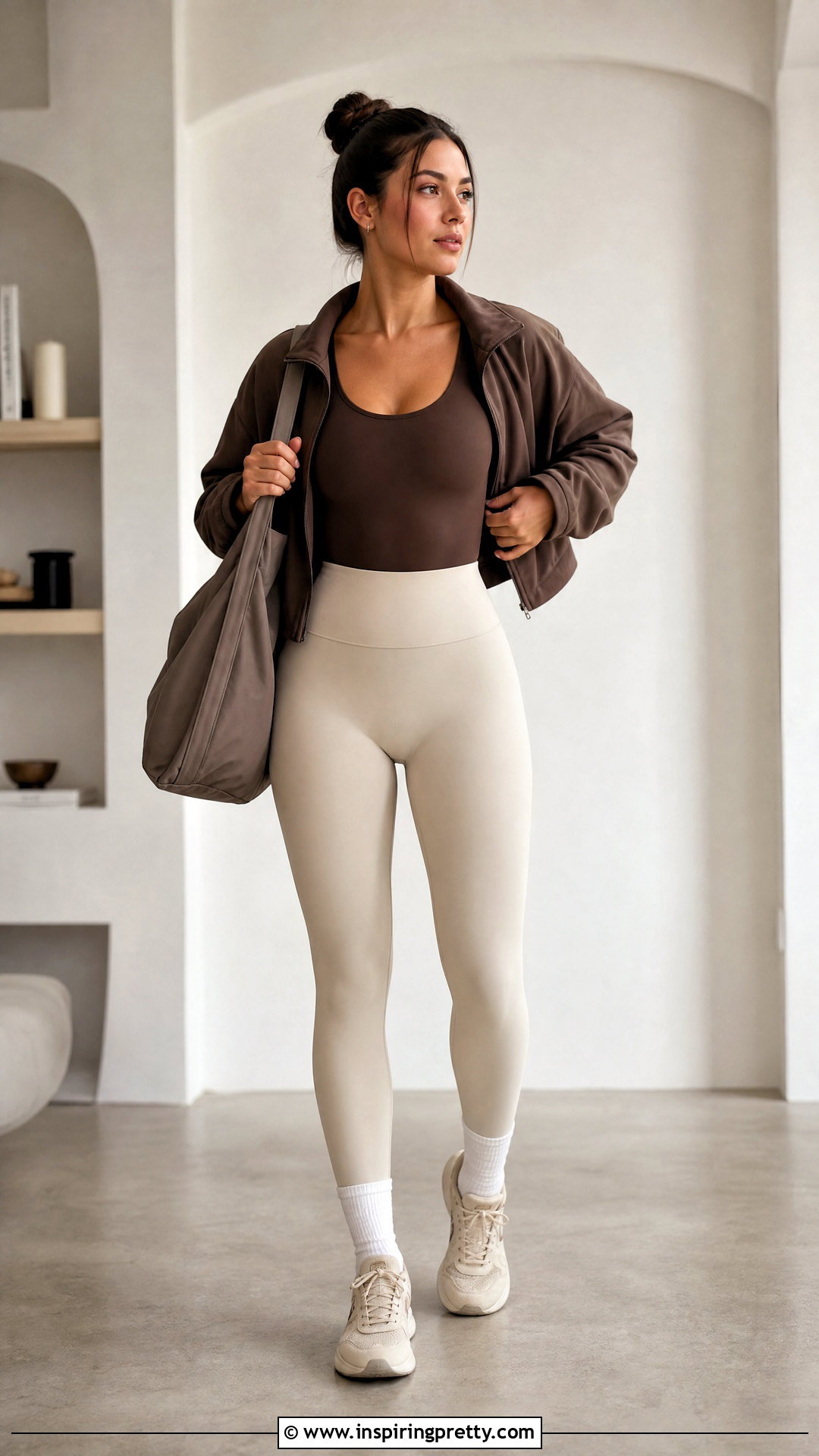 Brown Tight Workout Top With Cream Leggings - 20 tight workout top outfit ideas