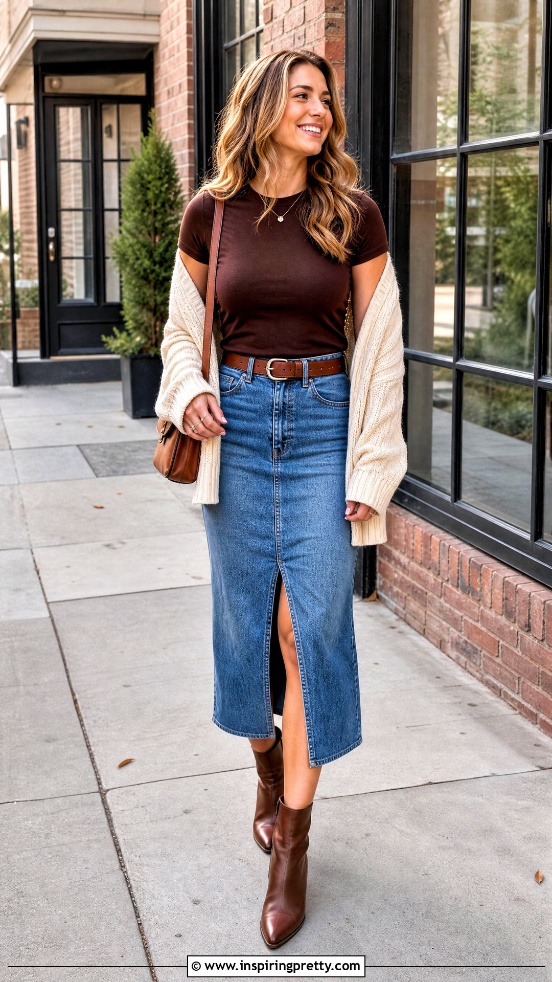 Brown Top With Denim Skirt - 50 Brown Top outfit ideas