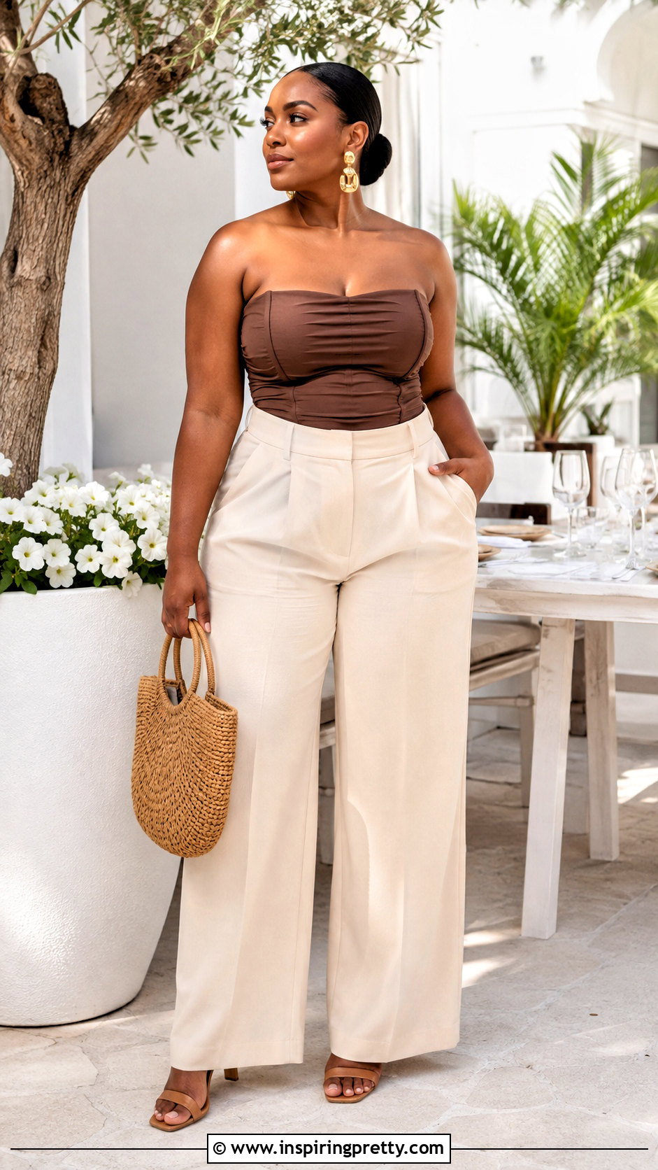 Brown Tube Top Outfit With Cream Trousers - 50 tube top outfit black women