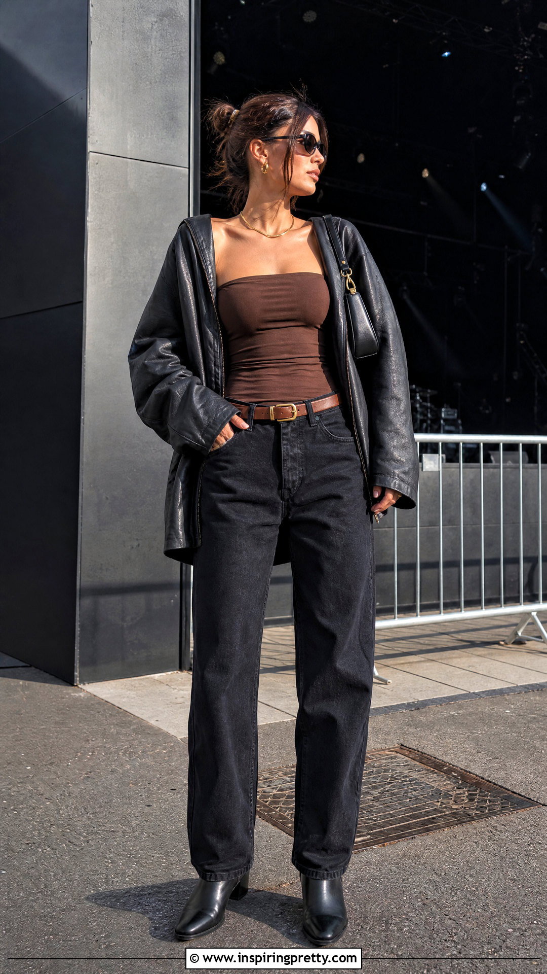 Brown Tube Top With Black Leather Jacket - 50 brown tube top outfit ideas