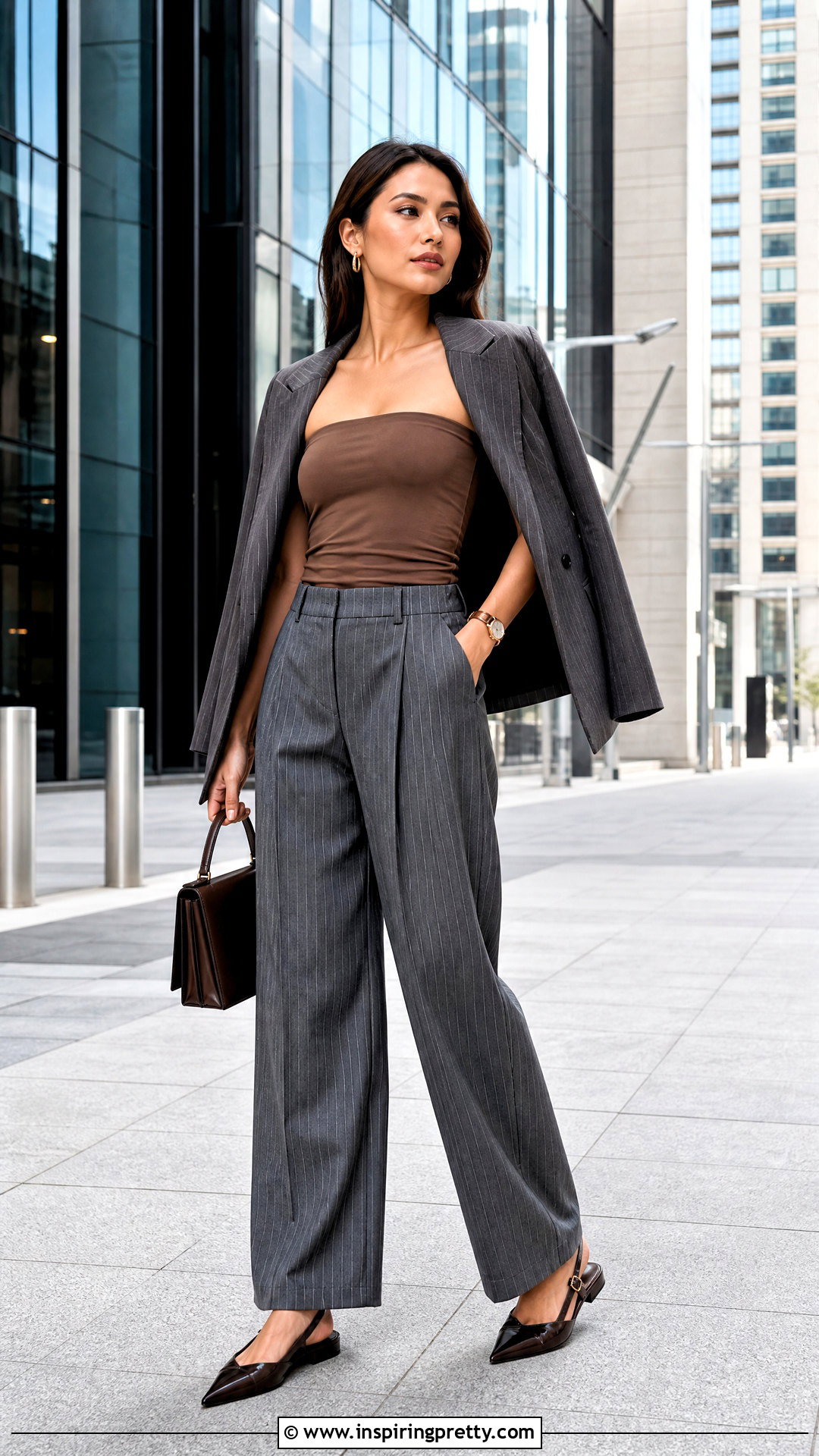 Brown Tube Top With Pinstripe Trousers - 50 brown tube top outfit ideas