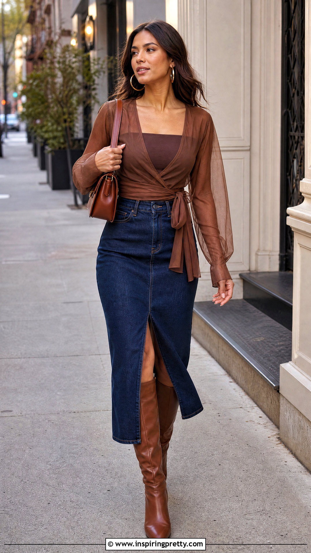 Brown Tulle Wrap Top With Dark Denim Skirt - 25 tulle wrap top outfit ideas