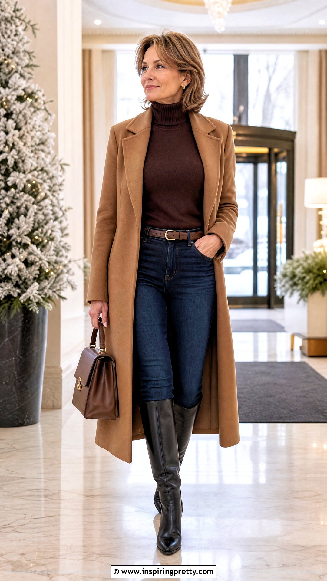 Brown Turtleneck And Dark Wash Skinny Jeans - 20 brown top and jeans outfit ideas