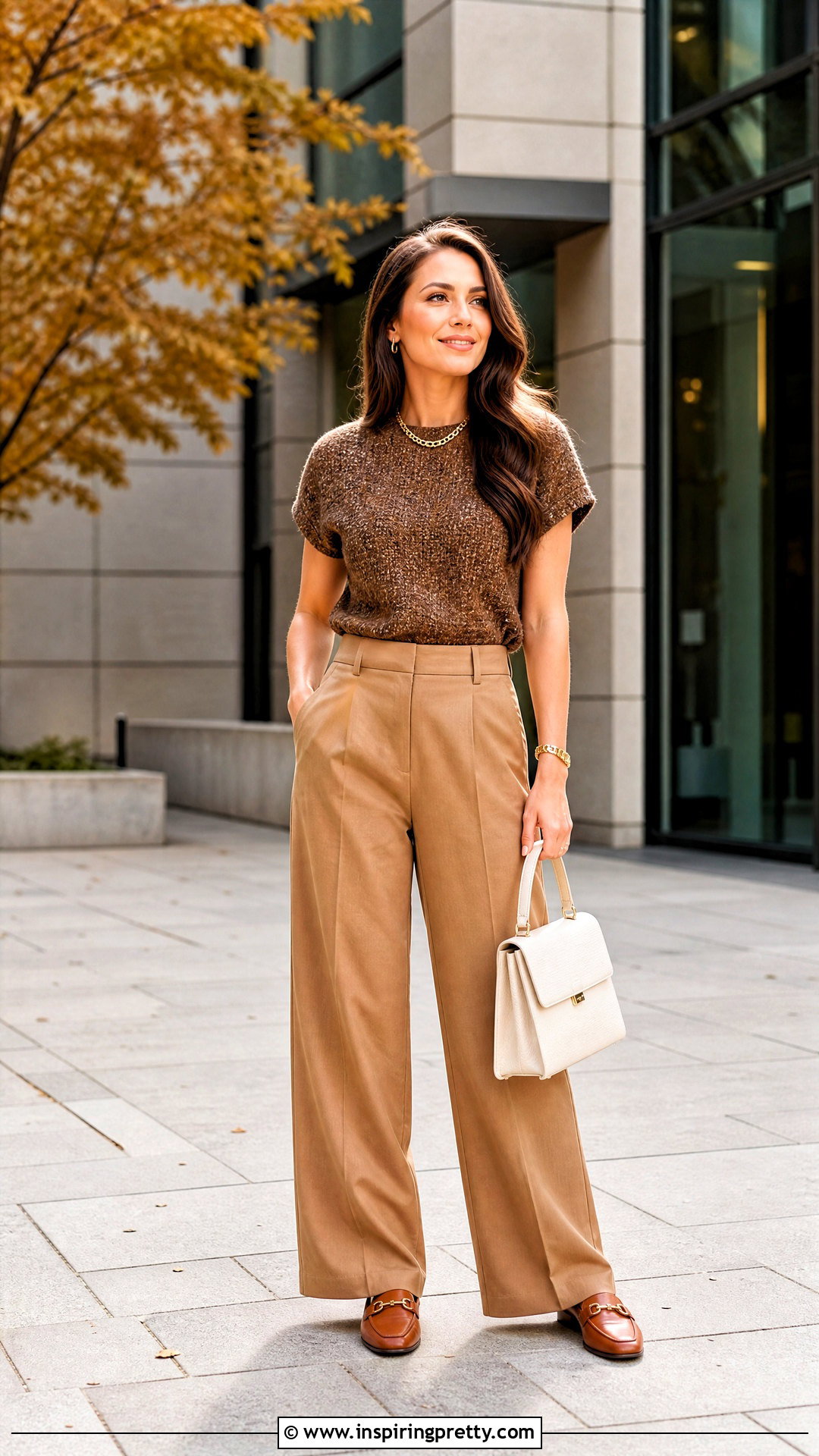 Brown Tweed Top With Camel Pants - 50 tweed top outfit ideas
