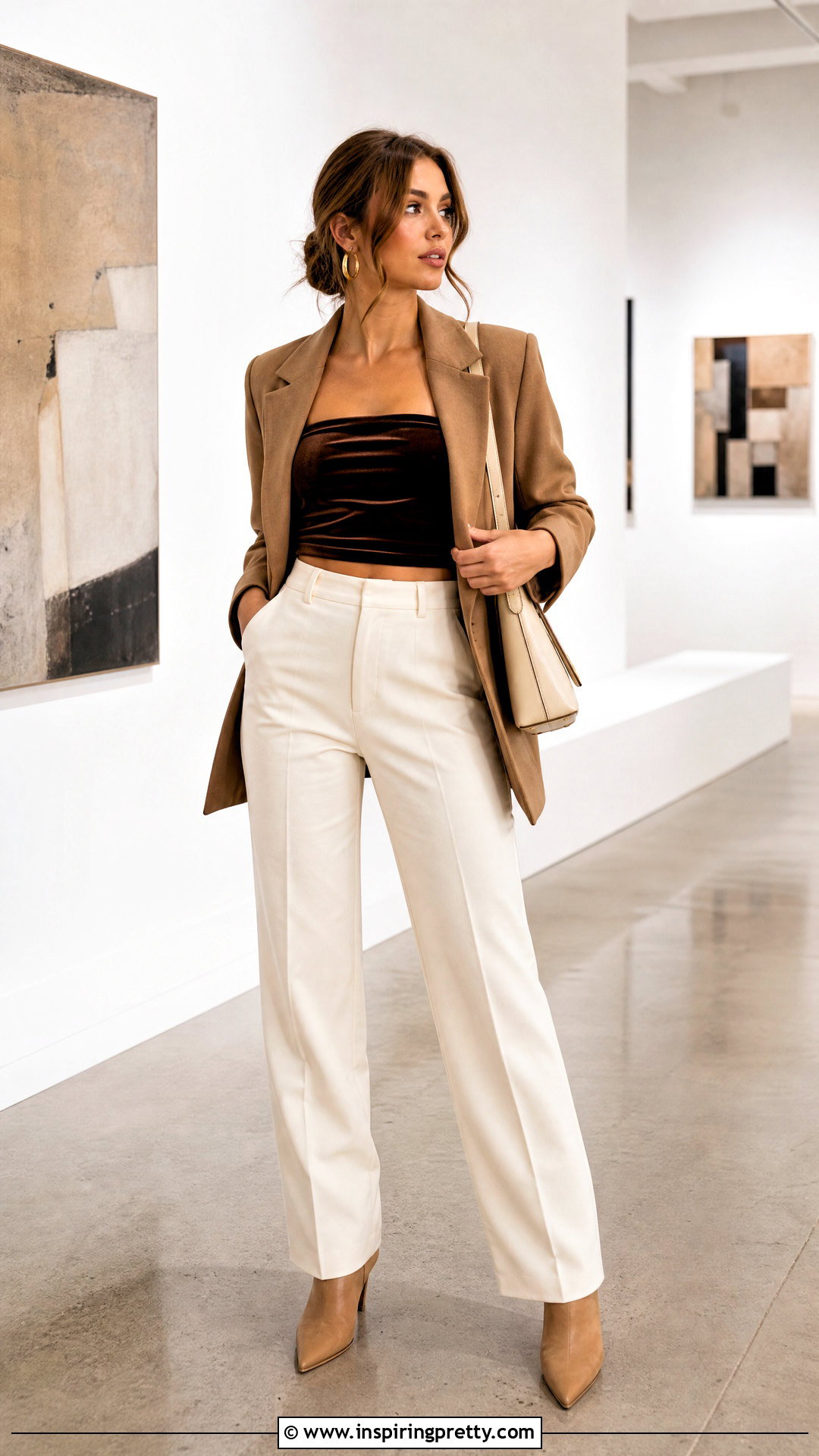 Brown Velvet Crop Top With Cream Pants - 20 velvet crop top outfit ideas