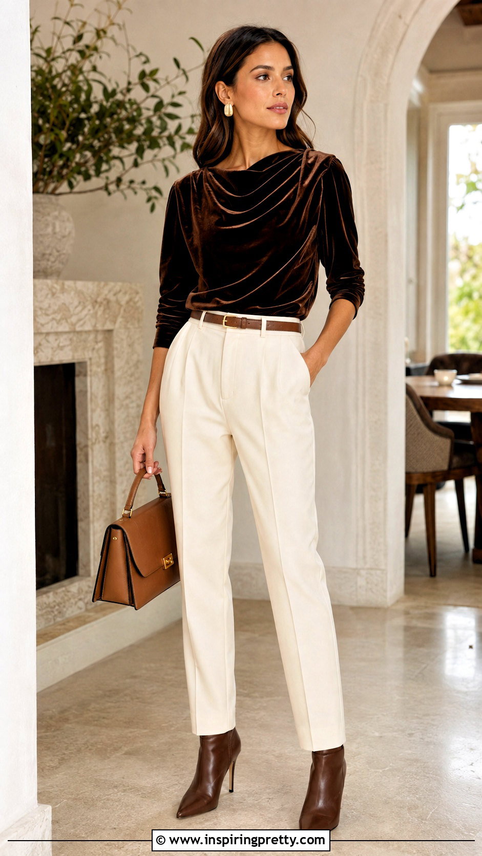 Brown Velvet Top With Cream Trousers - 50 velvet tops for women