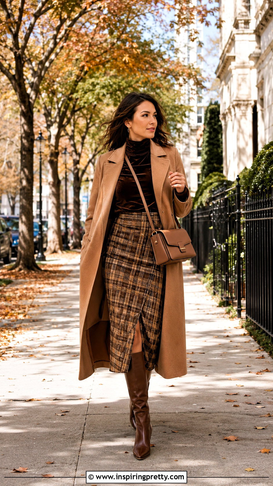 Brown Velvet Turtleneck With Plaid Midi Skirt - 50 velvet tops outfit ideas