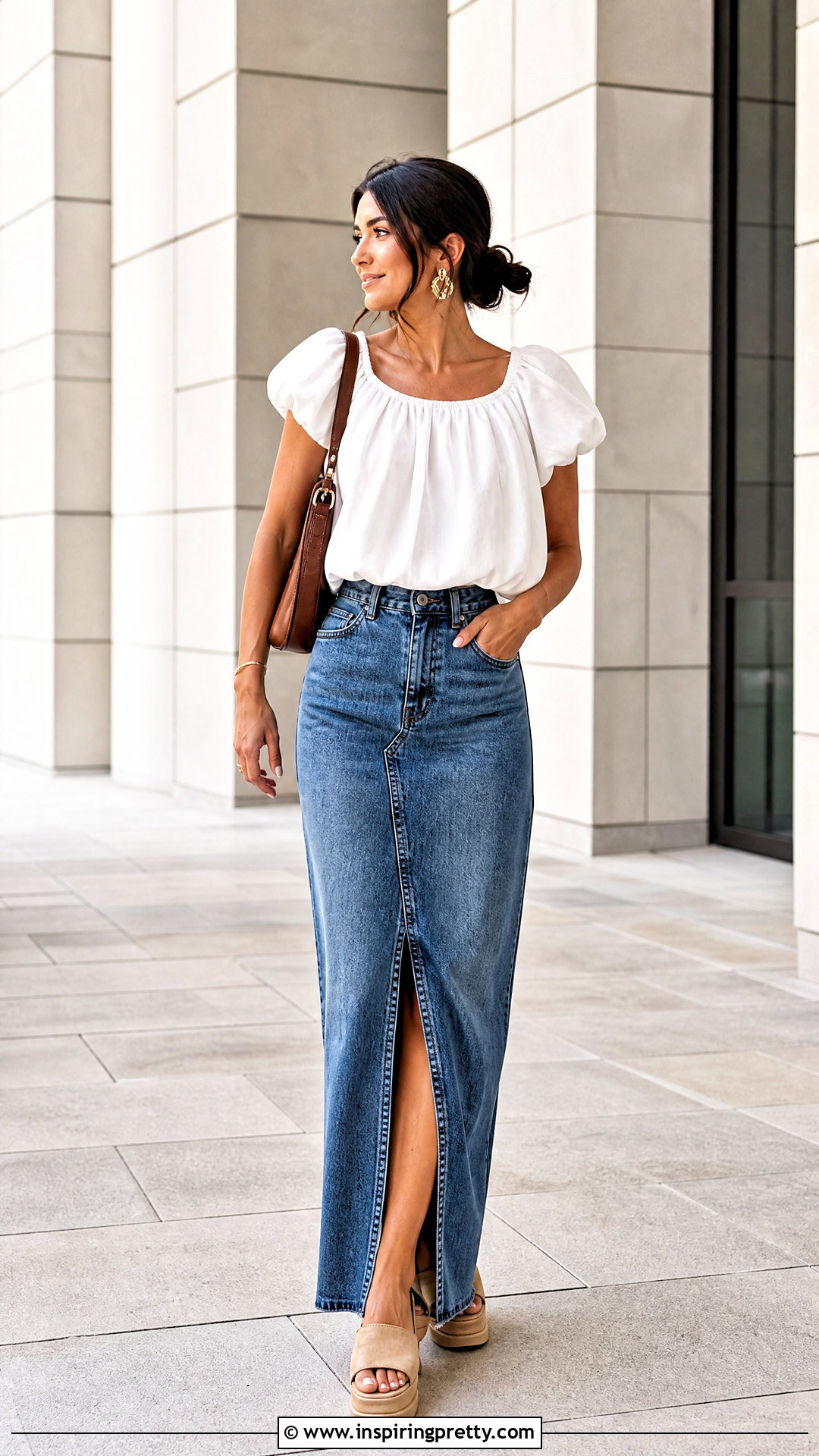 Bubble Top With Denim Maxi Skirt - 50 bubble top outfit ideas