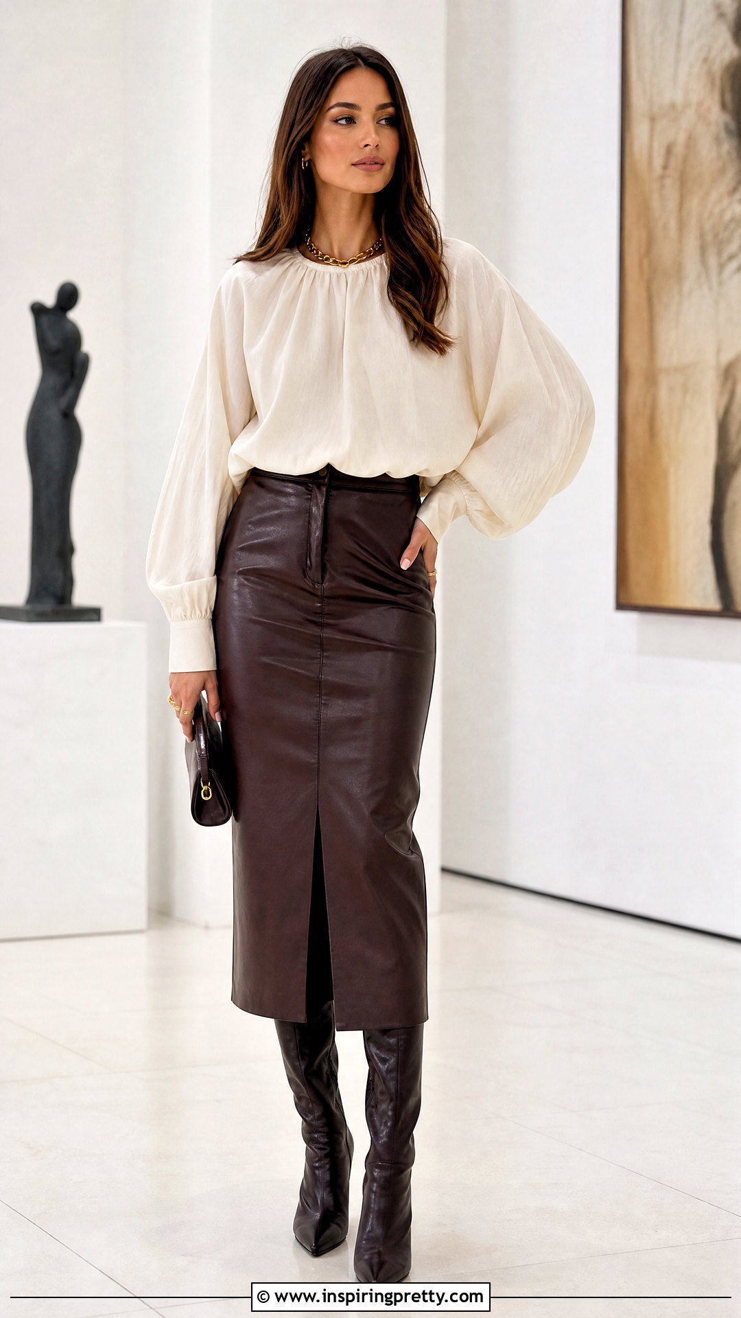 Bubble Top With Leather Midi Skirt - 50 bubble top outfit ideas