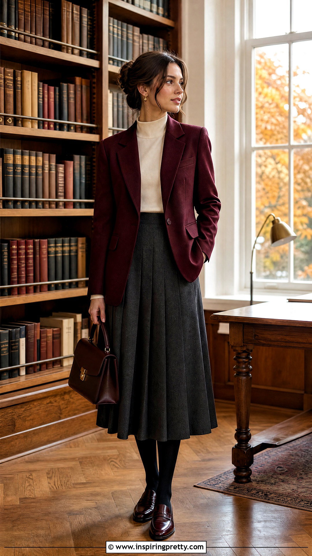 Burgundy Academia Blazer and Gray Skirt Outfit - 50 top academia ideas