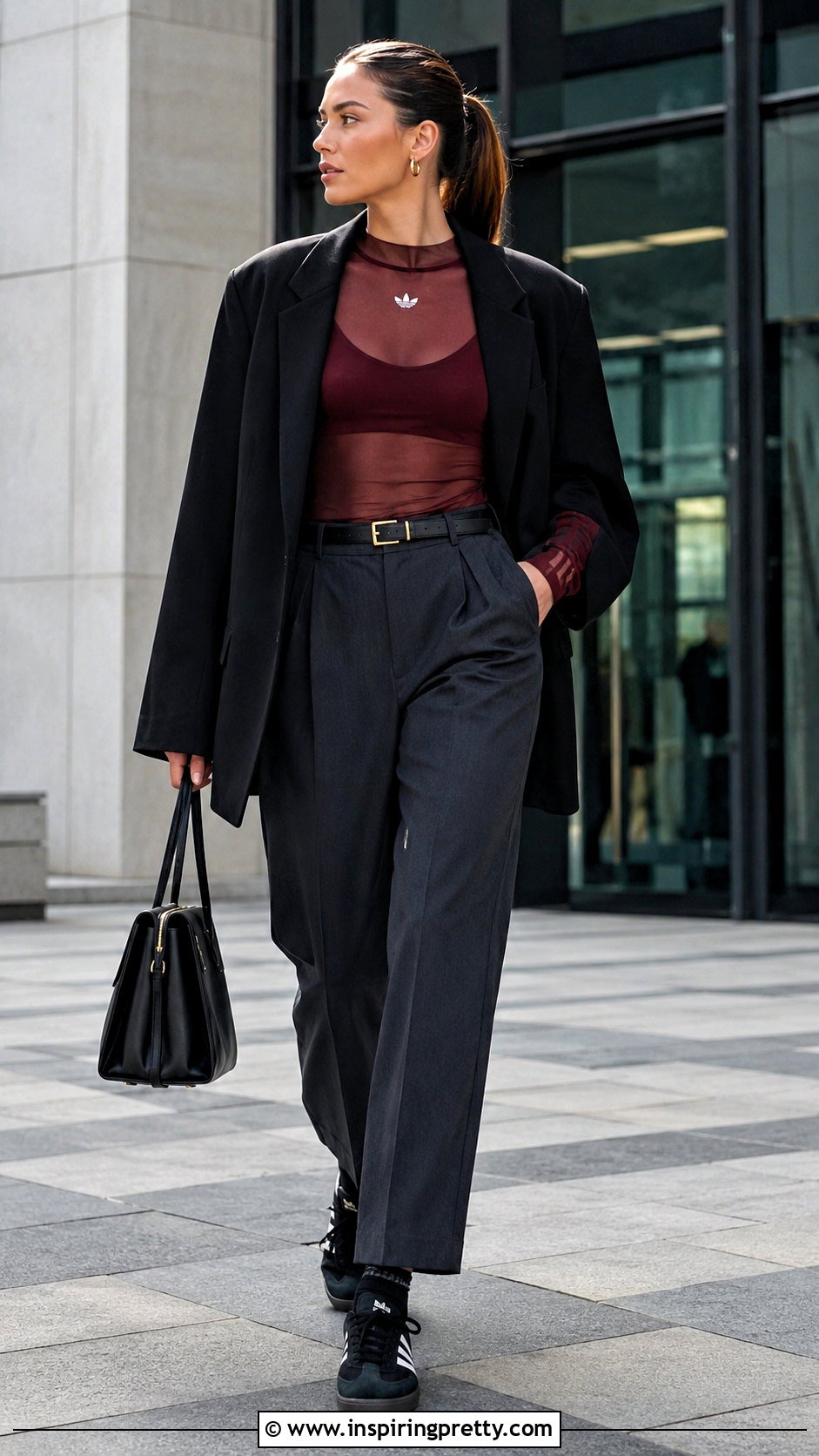 Burgundy Adidas Sheer Top With Tailored Trousers - 20 Adidas Sheer Tops