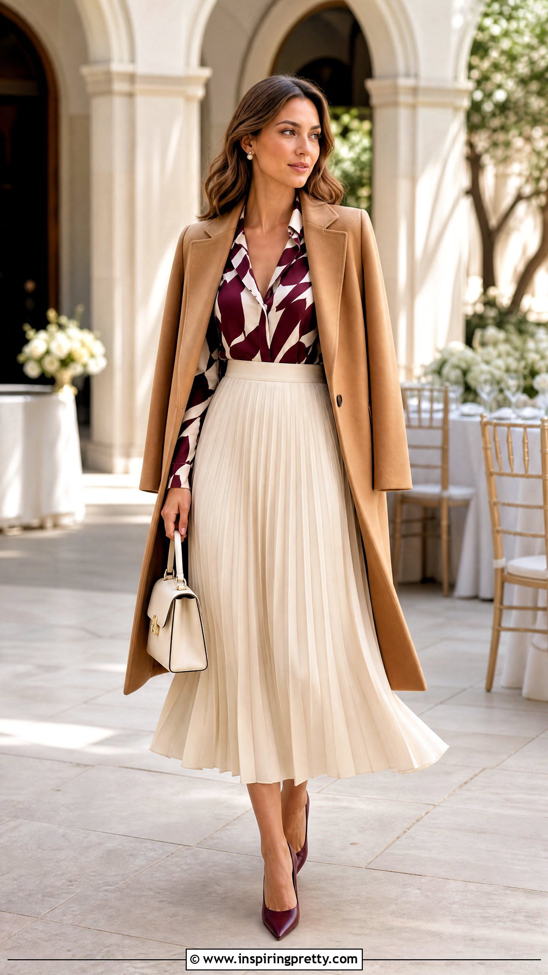 Burgundy And White Blouse With A Pleated Midi Skirt - 25 burgundy and white top outfit ideas
