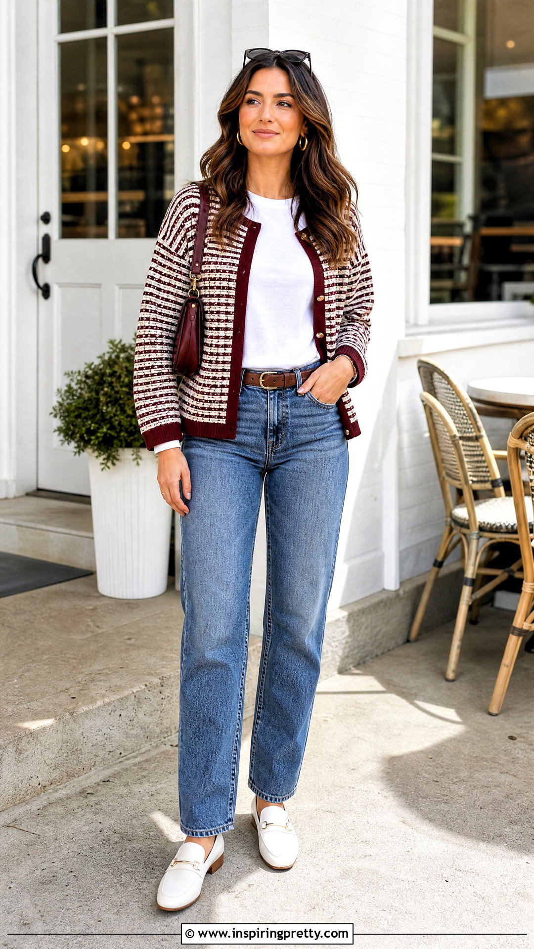 Burgundy And White Cardigan With A White T Shirt And Jeans - 25 burgundy and white top outfit ideas