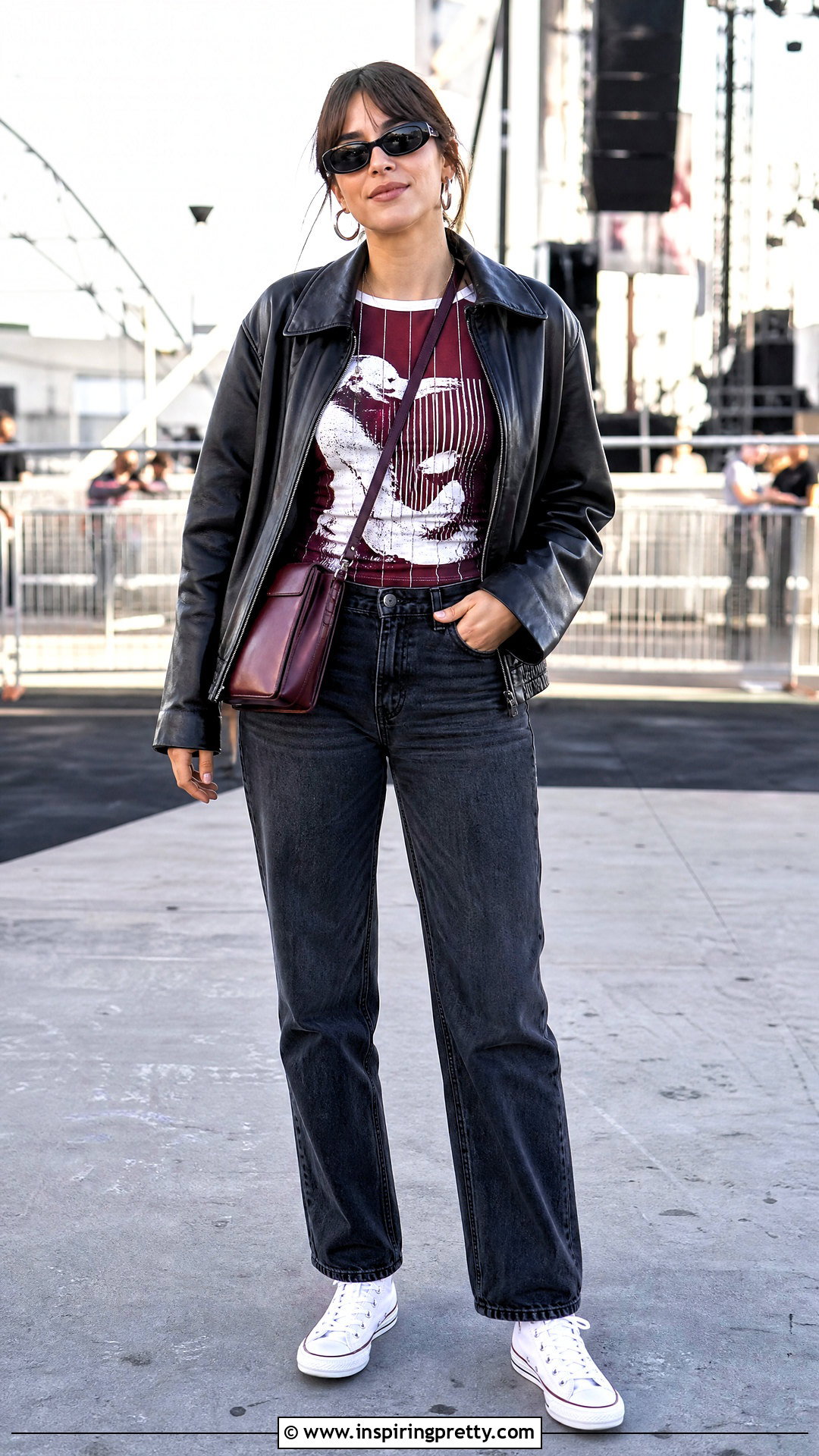 Burgundy And White Graphic Top With A Leather Jacket - 25 burgundy and white top outfit ideas