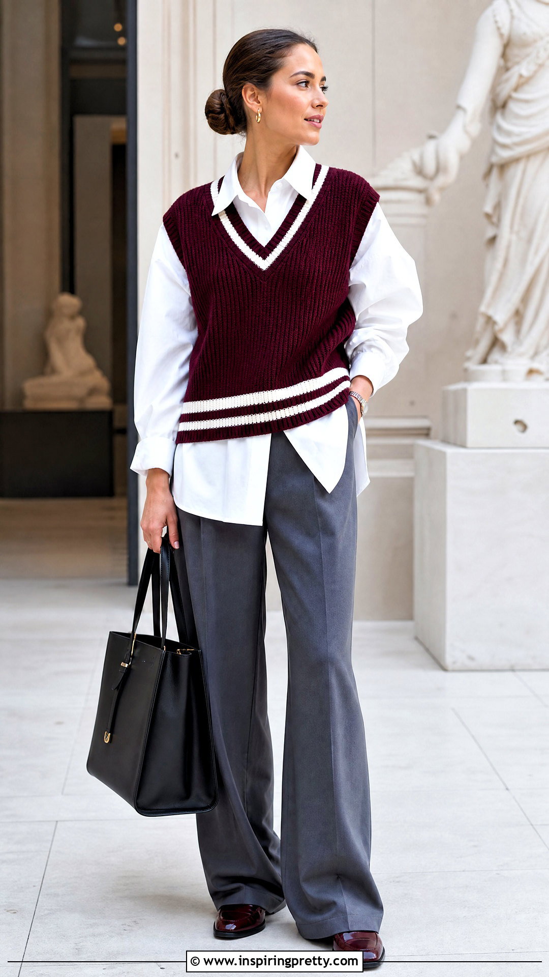 Burgundy And White Sweater Vest With A White Shirt And Trousers - 25 burgundy and white top outfit ideas