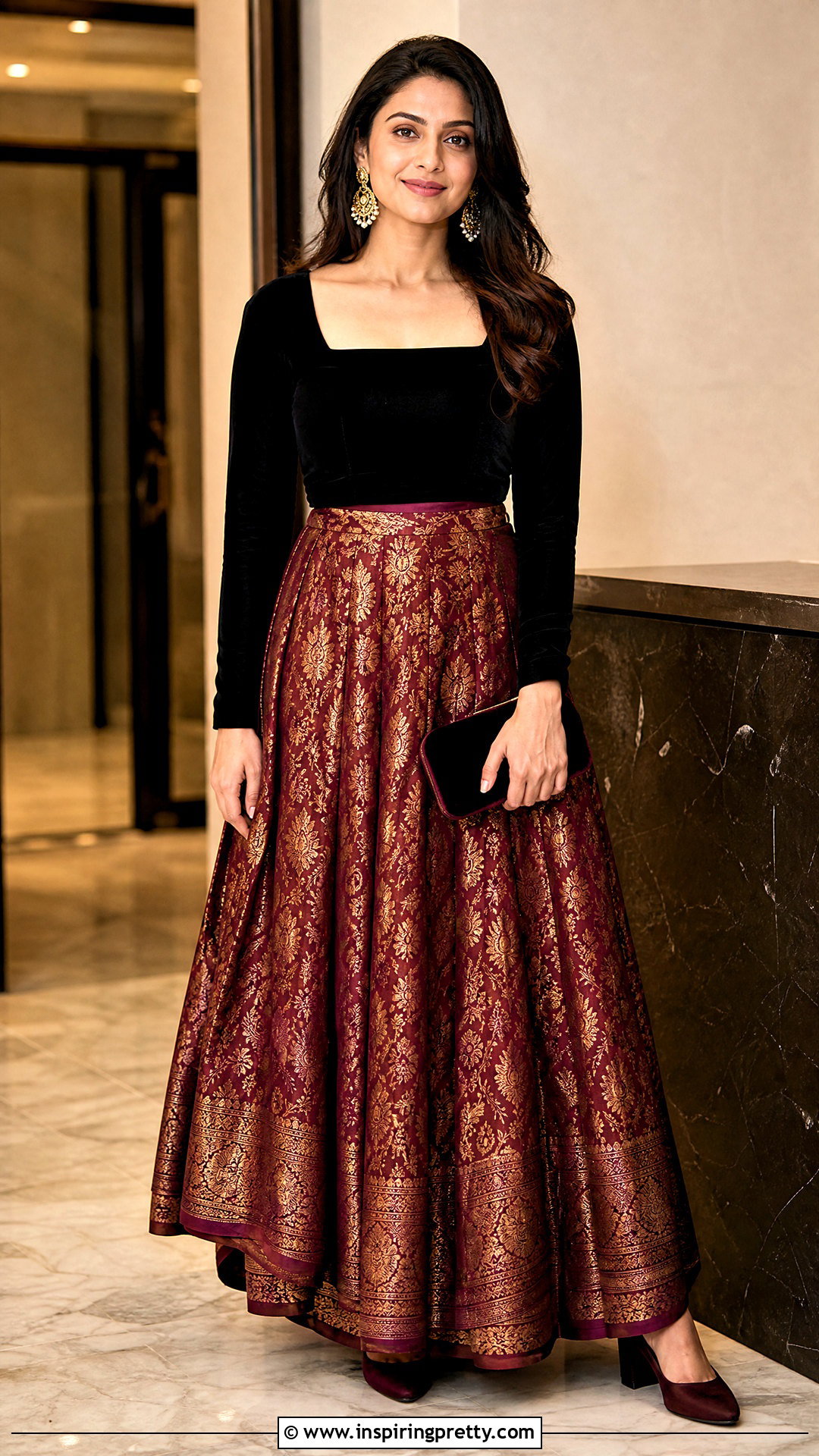 Burgundy Banarasi Skirt With Velvet Top - 50 banarasi skirt and top outfit ideas