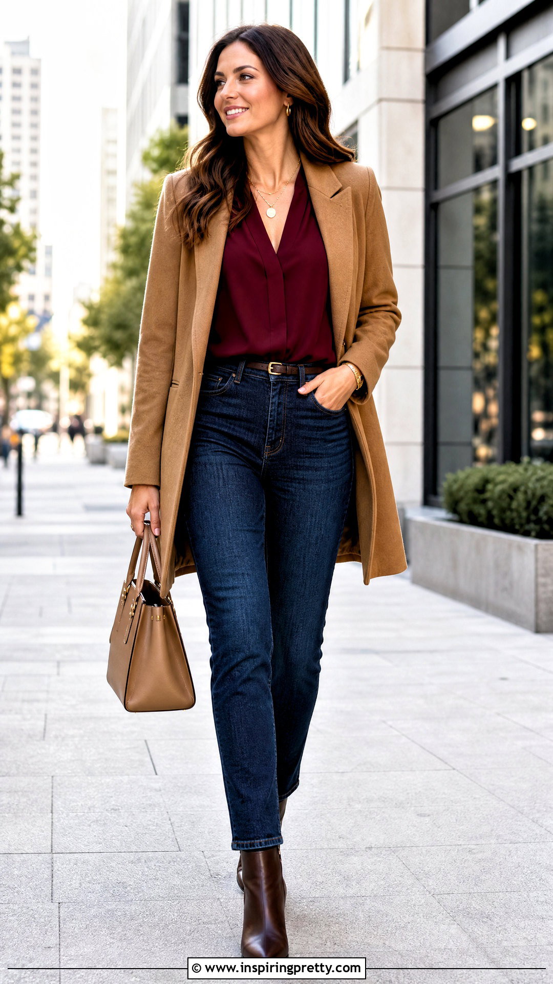 Burgundy Blouse Top With Dark Wash Jeans - 50 fall tops outfit ideas