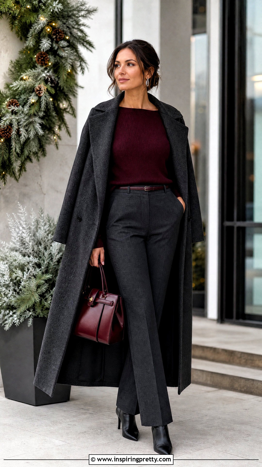 Burgundy Boat Neck Top With Gray Trousers - 50 boat neck tops outfit ideas