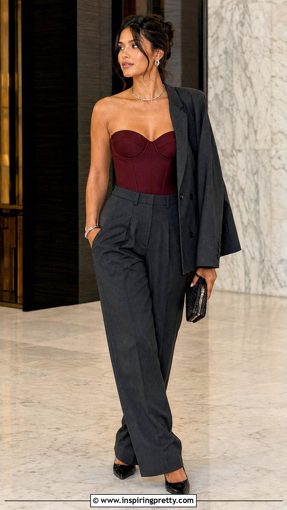 Burgundy Bustier Top With Gray Trousers - 50 going out tops night out ideas