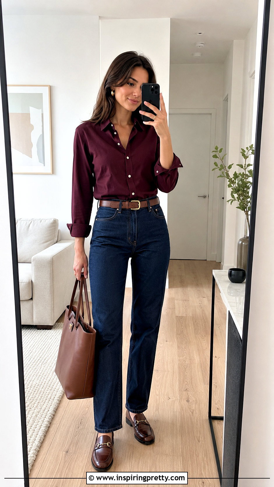 Burgundy Button Down Shirt With Jeans - 50 burgundy top outfit ideas