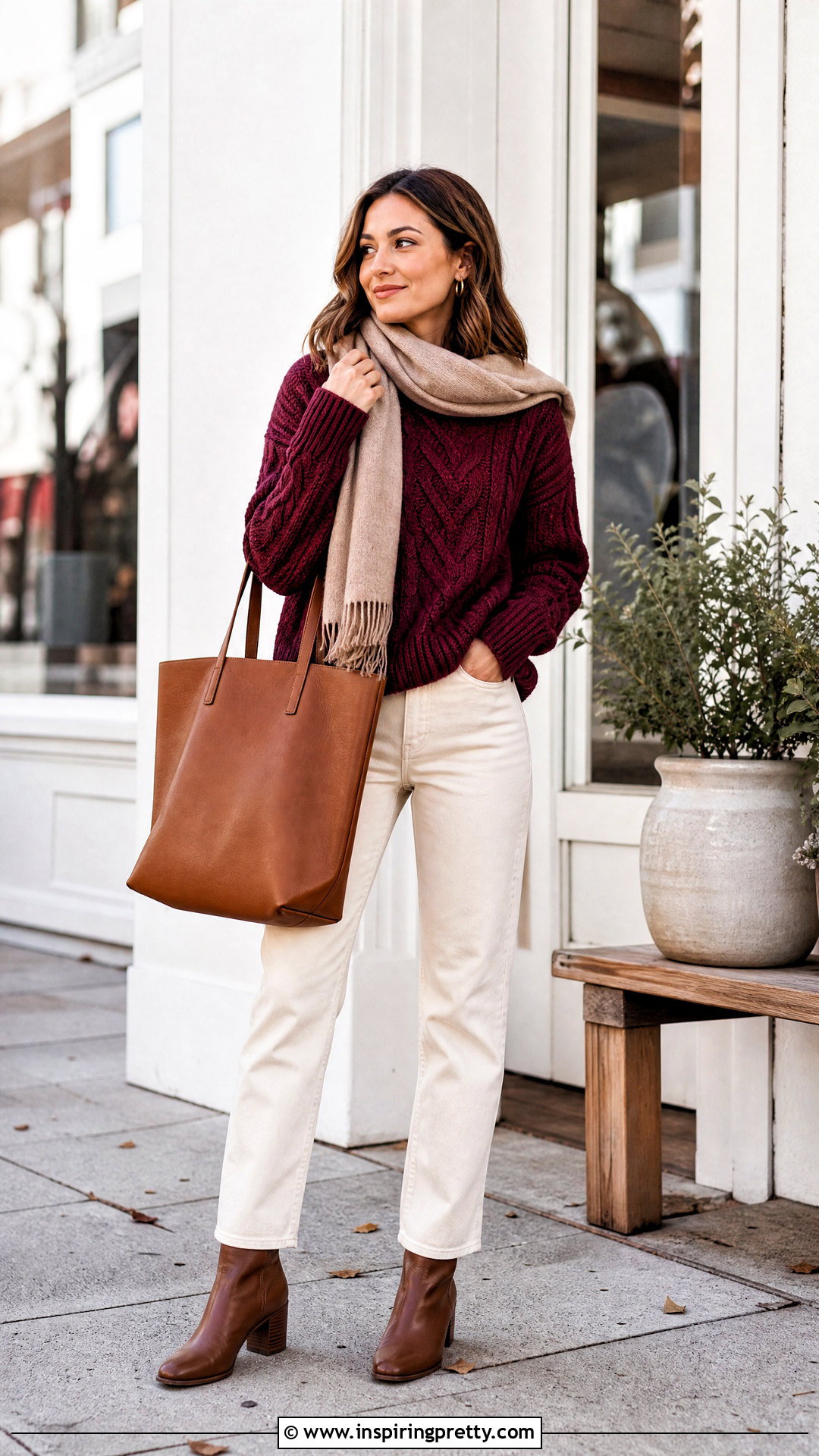 Burgundy Cable Knit Sweater and Cream Jeans - 50 burgundy top and jeans outfit ideas