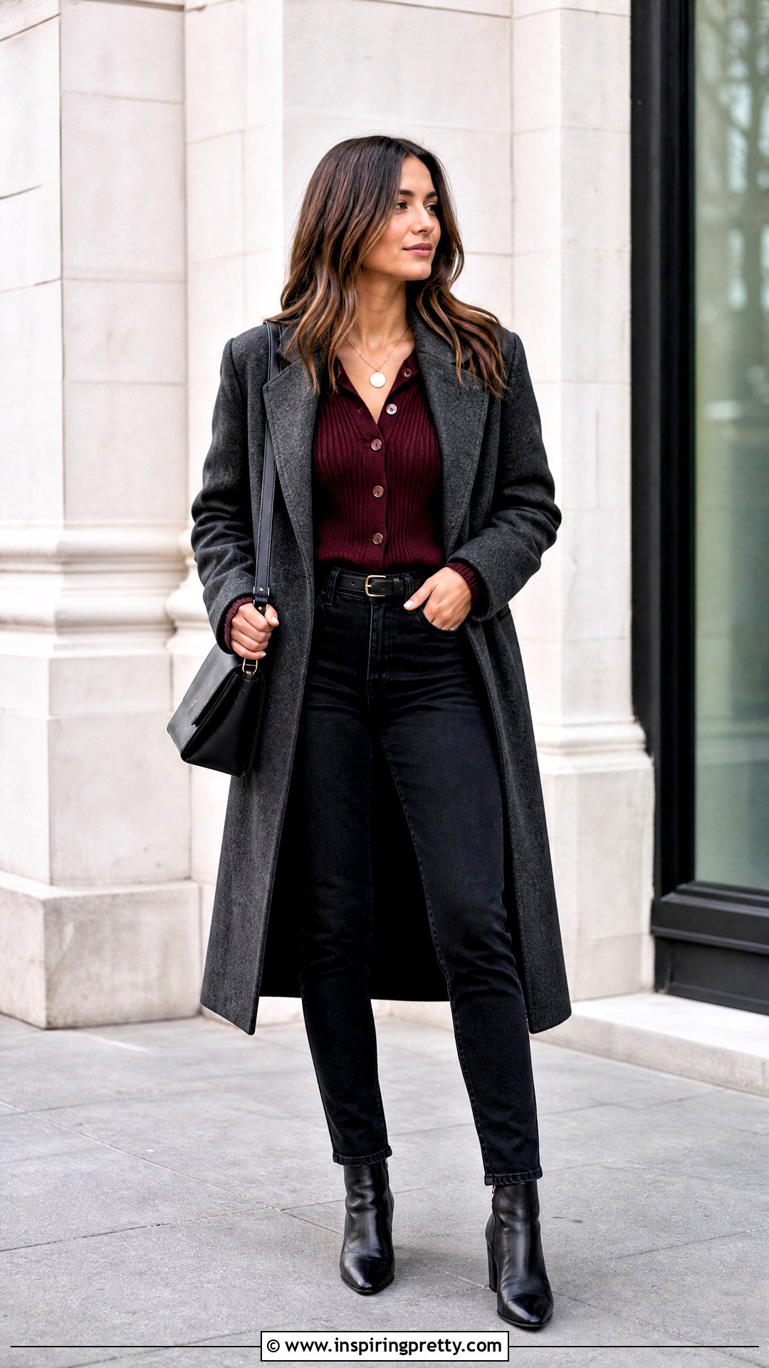 Burgundy Cardigan And Black Jeans Outfit - 50 winter tops outfit ideas