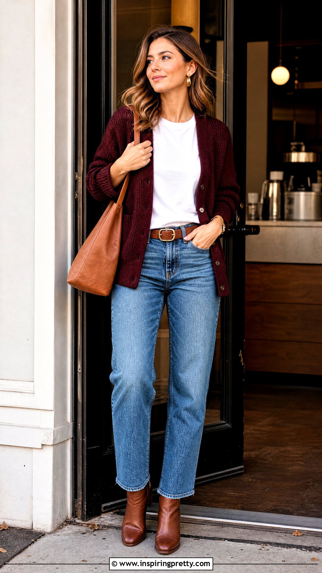 Burgundy Cardigan and Jeans With White T Shirt - 50 burgundy top and jeans outfit ideas