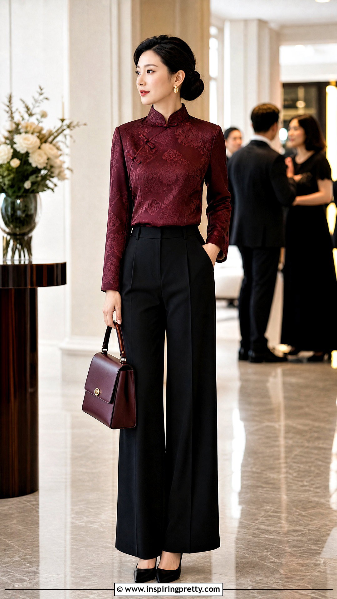 Burgundy Chinese Top With Black Wide Leg Pants - 50 chinese top outfit ideas