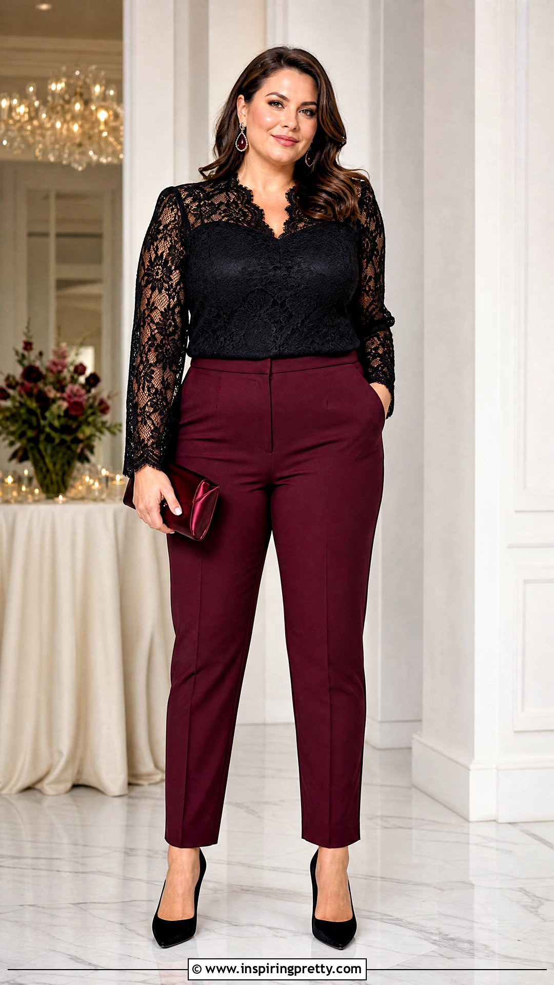 Burgundy Cocktail Pants And Black Lace Top - 25 cocktail pants and tops
