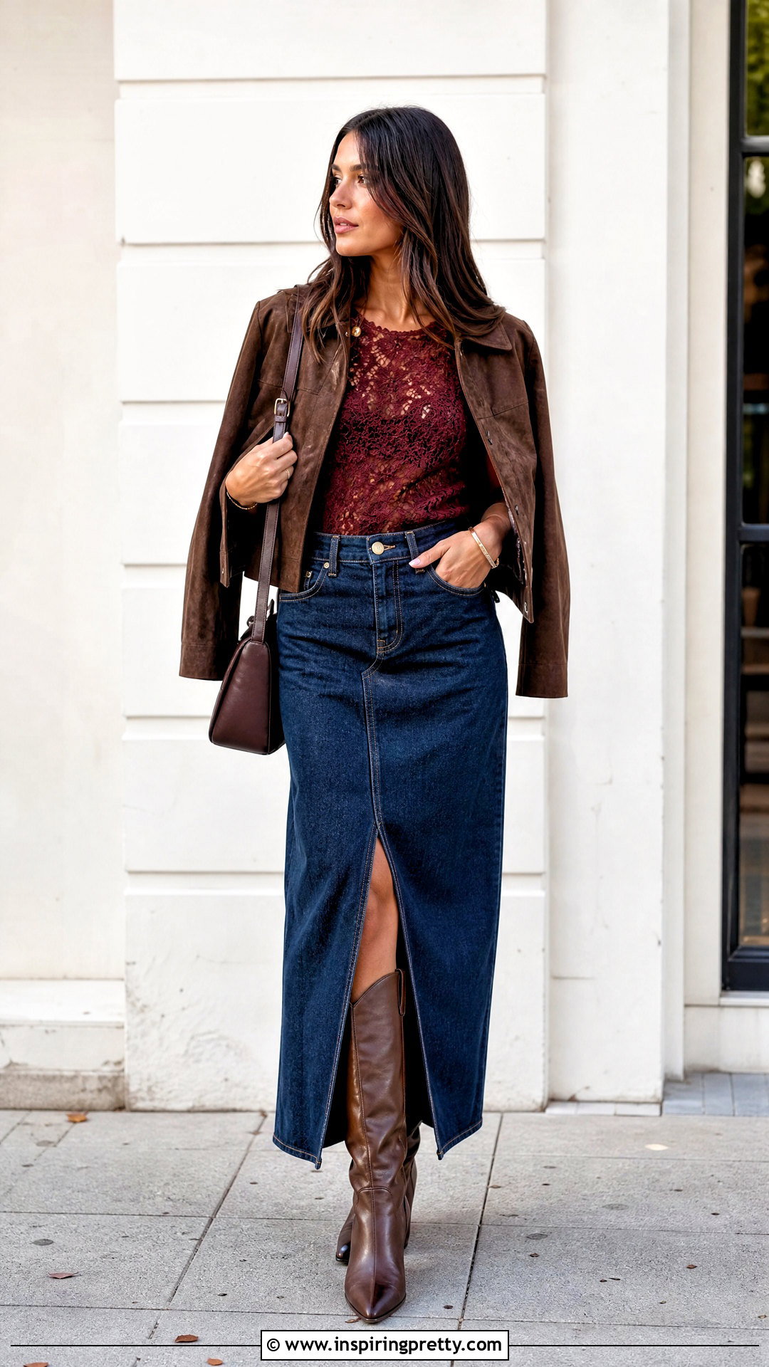 Burgundy Crochet Lace Top With Denim Maxi Skirt - 20 Crochet Lace Top In Burgundy outfit ideas