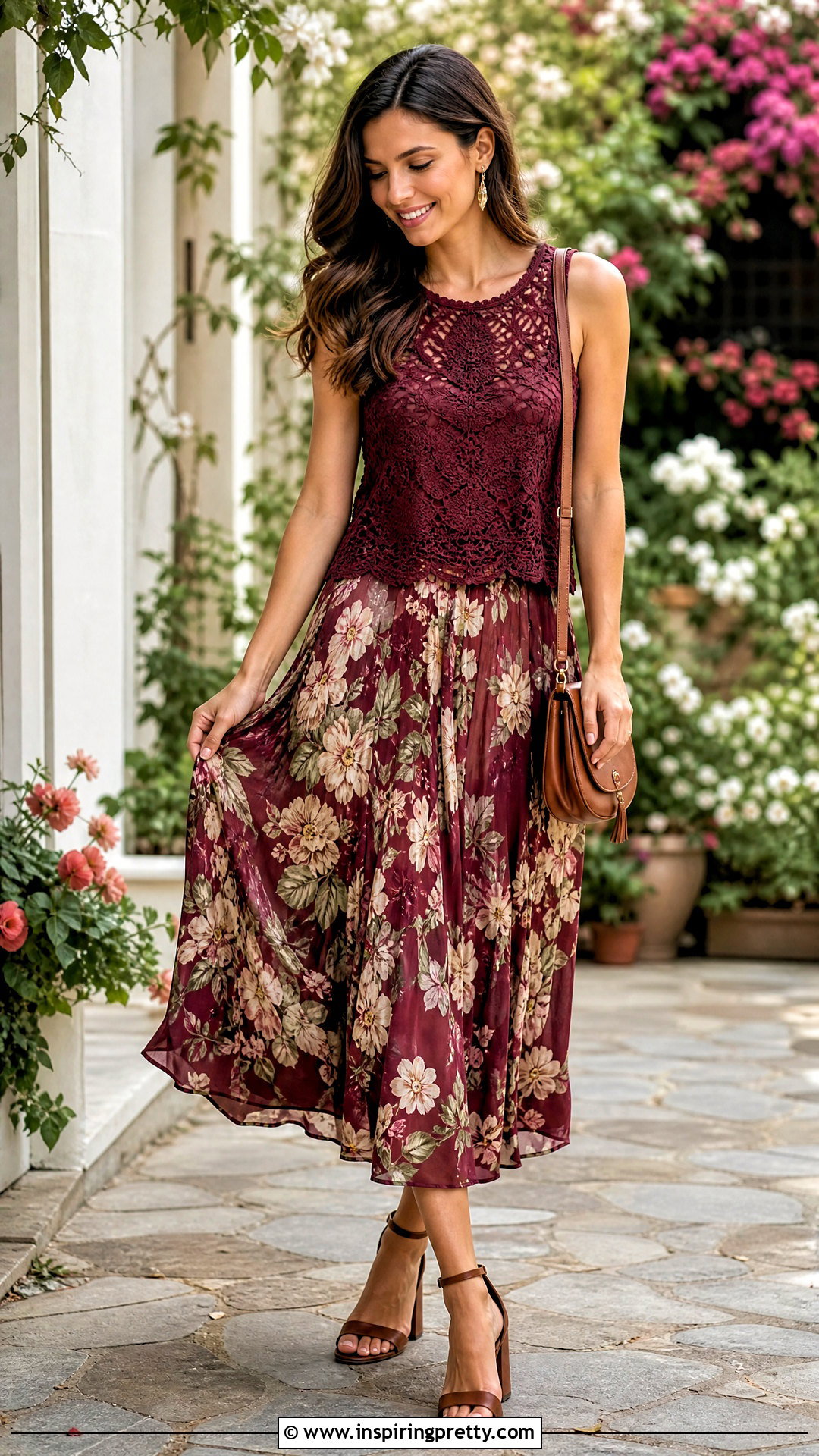 Burgundy Crochet Lace Top With Floral Midi Skirt - 20 Crochet Lace Top In Burgundy outfit ideas