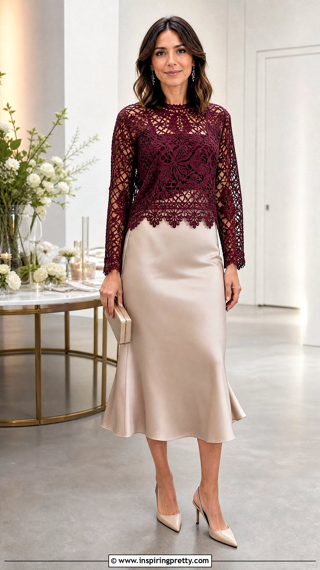 Burgundy Crochet Lace Top With Satin Midi Skirt - 20 Crochet Lace Top In Burgundy outfit ideas