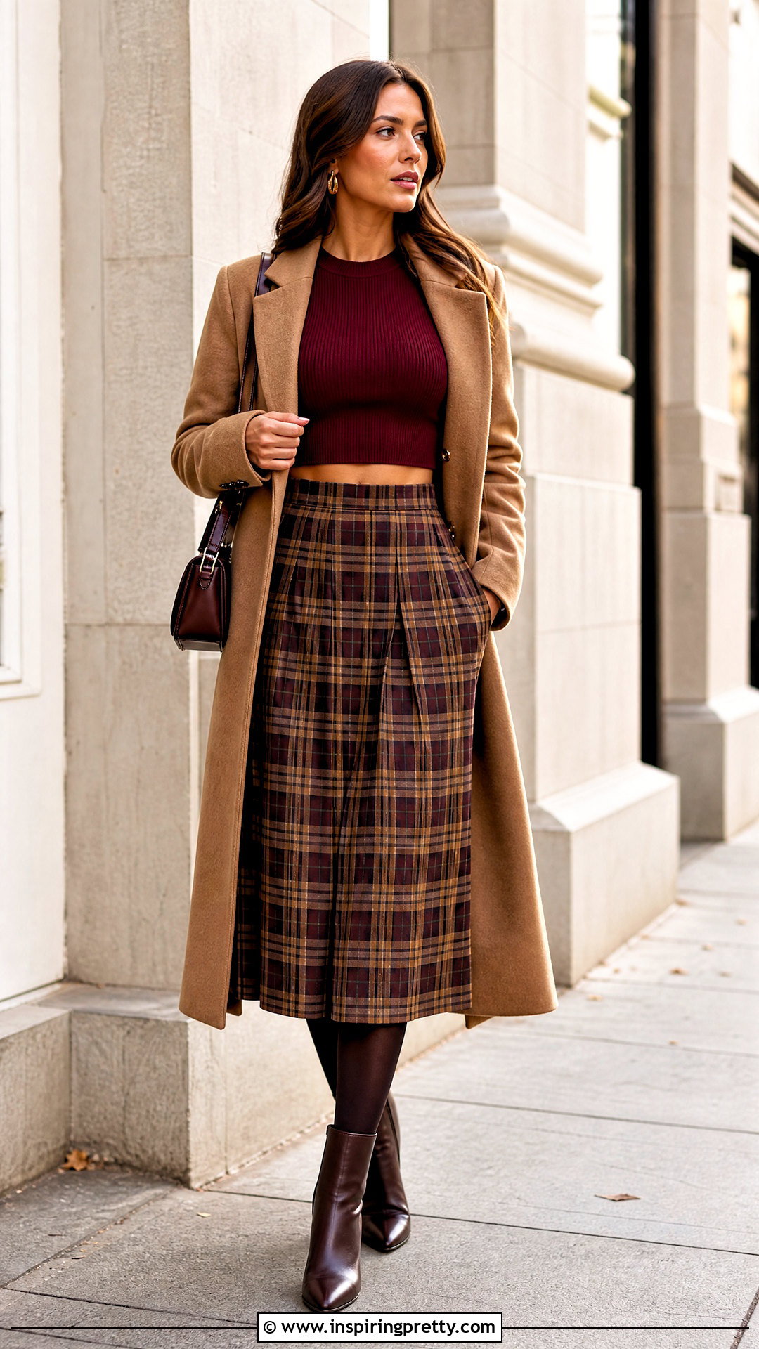 Burgundy Crop Top And Plaid Midi Skirt Outfit - 50 Crop Top Skirt outfits