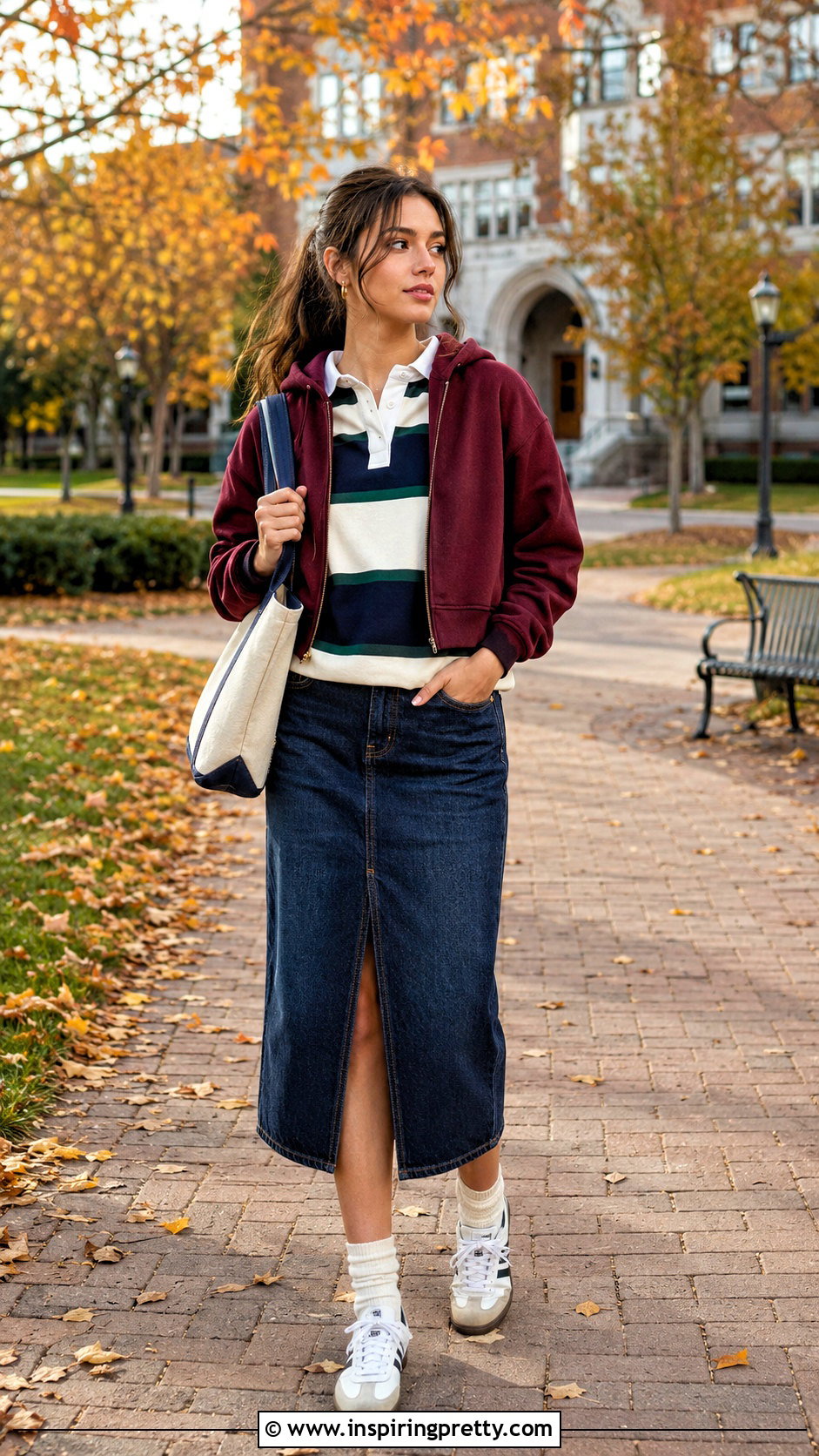 Burgundy Crop Top Hoodie With Rugby Shirt And Denim Skirt - 20 crop top hoodie with shirt underneath outfit ideas