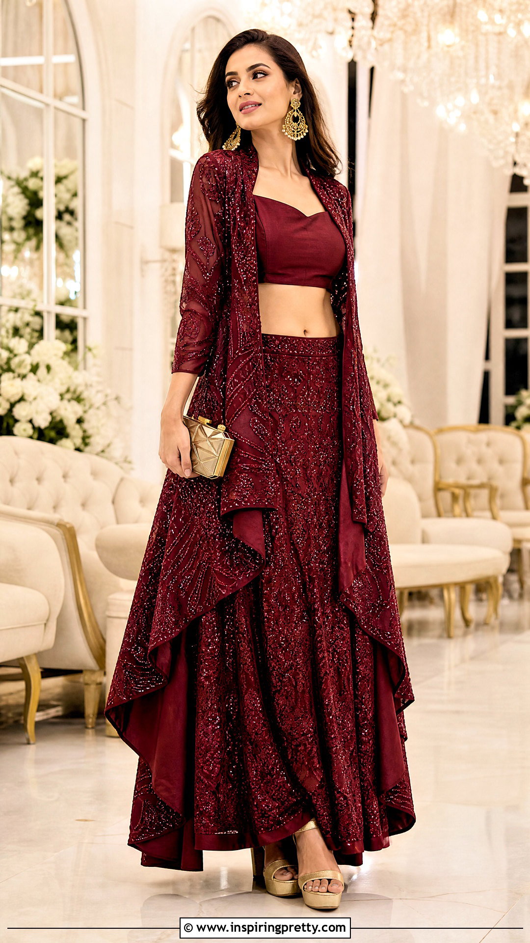Burgundy Crop Top Lehenga With High Low Jacket - 50 crop top lehenga with jacket outfit ideas
