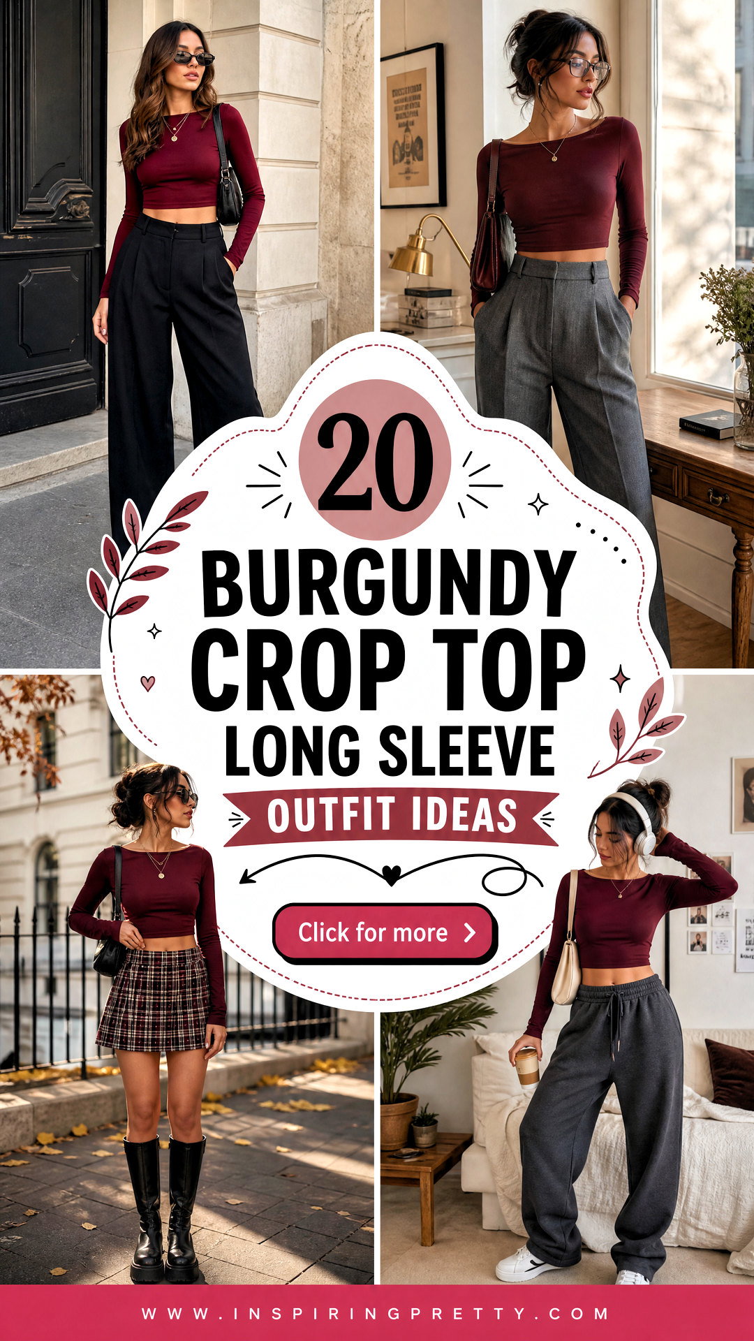 20 Burgundy Crop Top Long Sleeve Outfit Ideas for Fall - 20 Burgundy Crop Top Long Sleeve Outfit Ideas for Fall