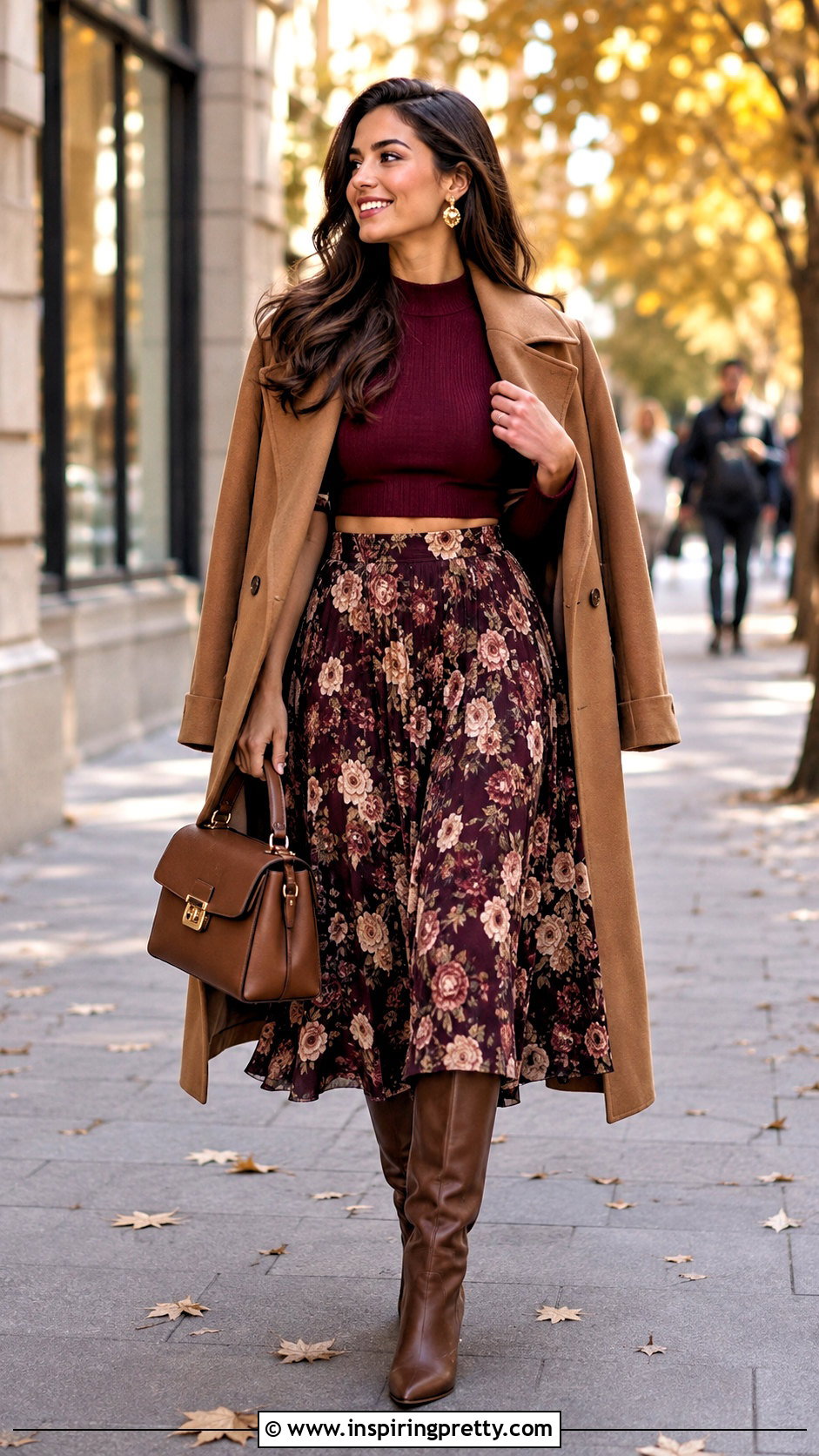Burgundy Crop Top Sweater With Floral Midi Skirt - 25 Crop Top Sweater With Skirt outfits