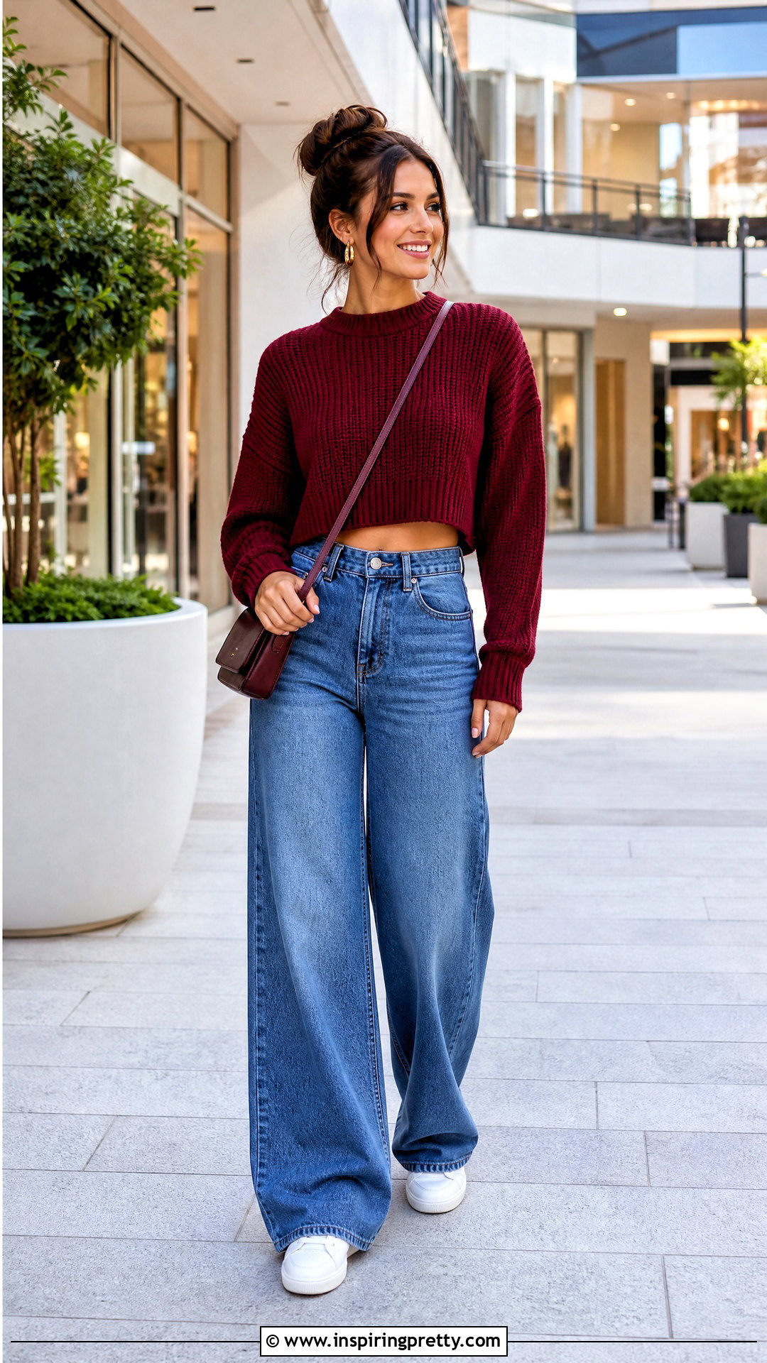 Burgundy Cropped Sweater and High Waisted Jeans - 50 burgundy top and jeans outfit ideas