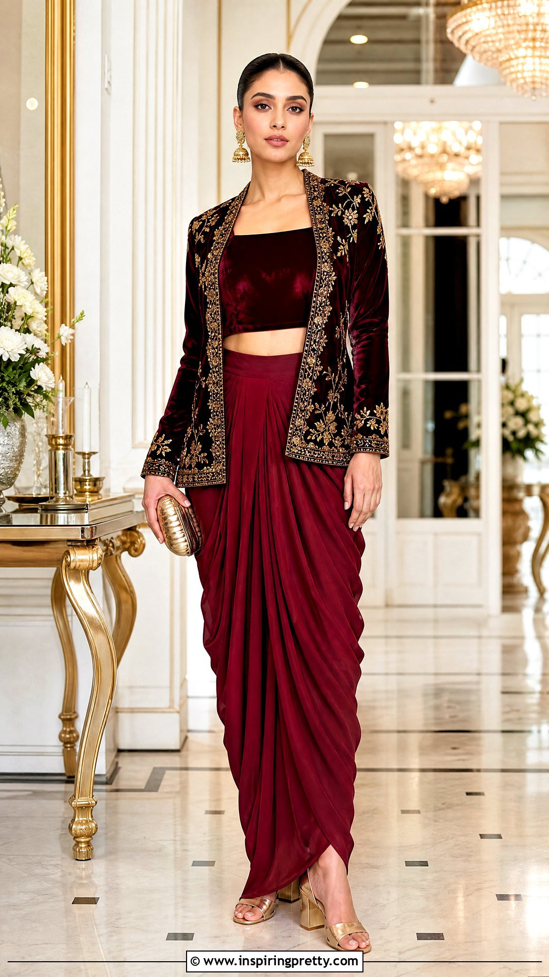 Burgundy Dhoti Skirt With Velvet Crop Top And Jacket - 25 dhoti skirt with crop top and jacket outfit ideas