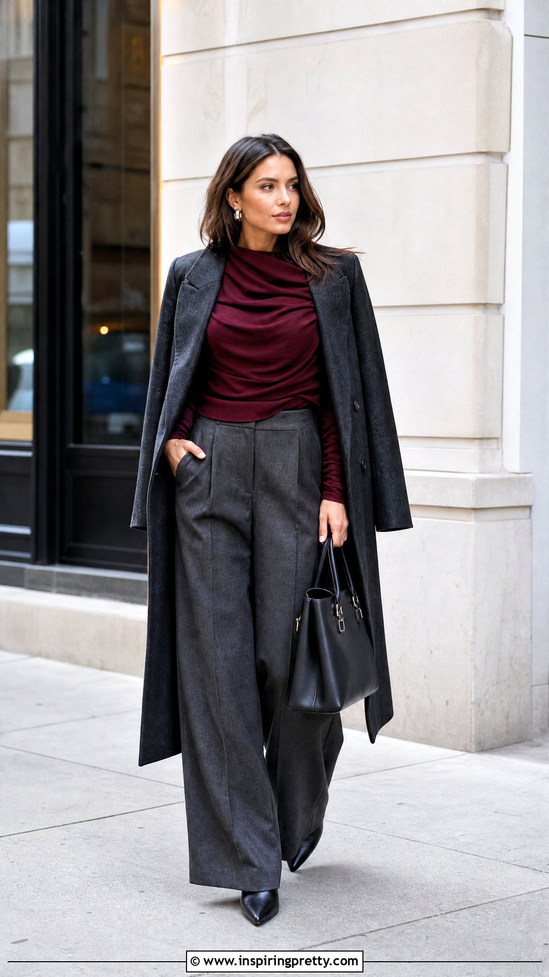 Burgundy Draped Top With Gray Trousers - 20 tops for fall 2024 ideas