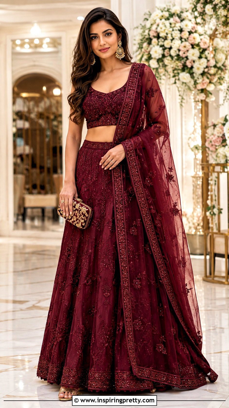 Burgundy Embroidered Lehenga Crop Top Outfit - 50 party wear lehenga crop tops outfit ideas