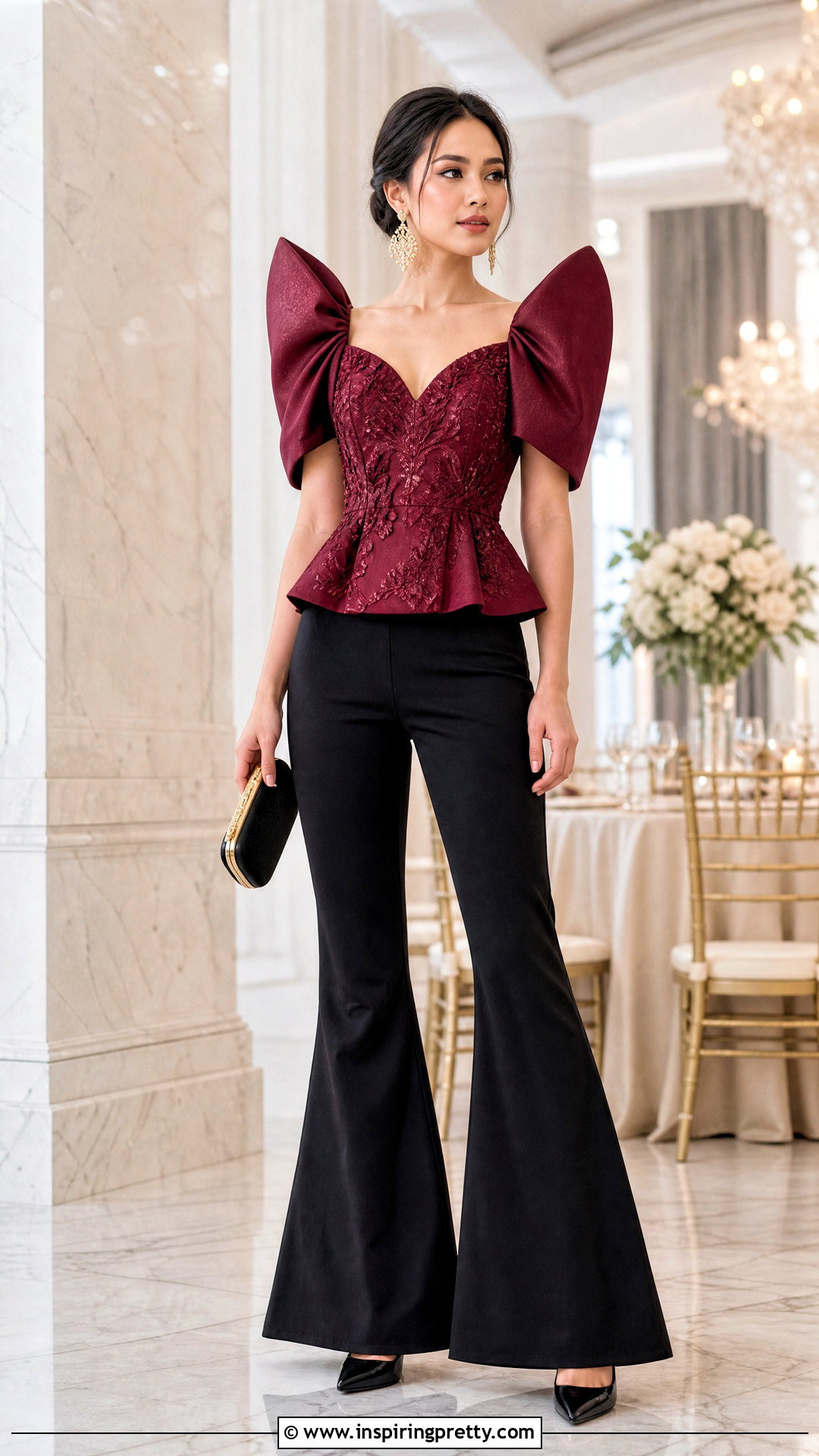 Burgundy Filipiniana Top With Black Flared Pants - 50 modern filipiniana top and pants