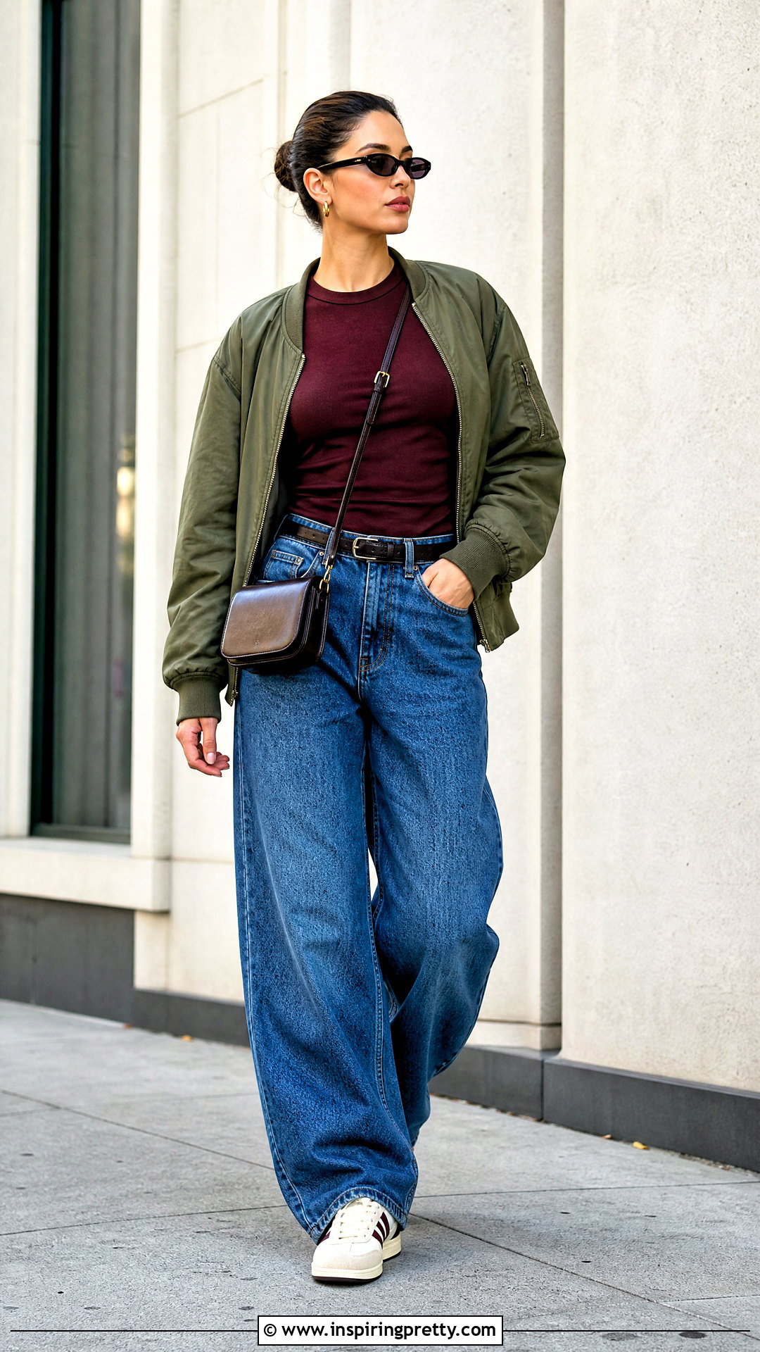 Burgundy Fitted T Shirt and Baggy Jeans With Bomber Jacket - 50 burgundy top and jeans outfit ideas